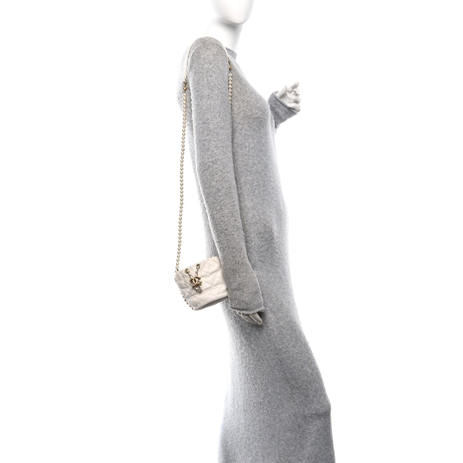 Calfskin Quilted Pearl Mini About Pearls Drawstring Bucket Bag  White