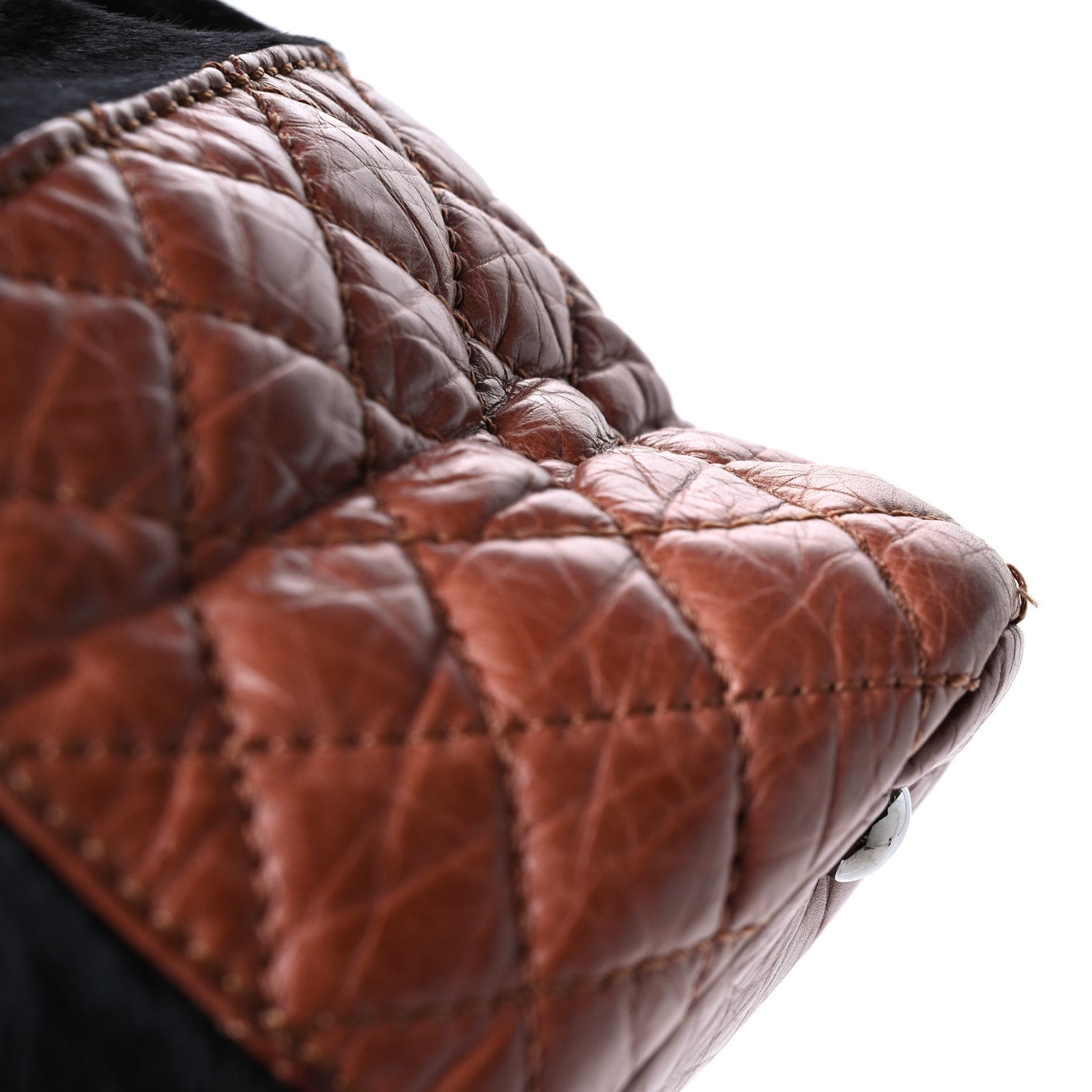 Aged Calfskin Pony Hair Quilted Miss Pony Drawstring Tote Brown