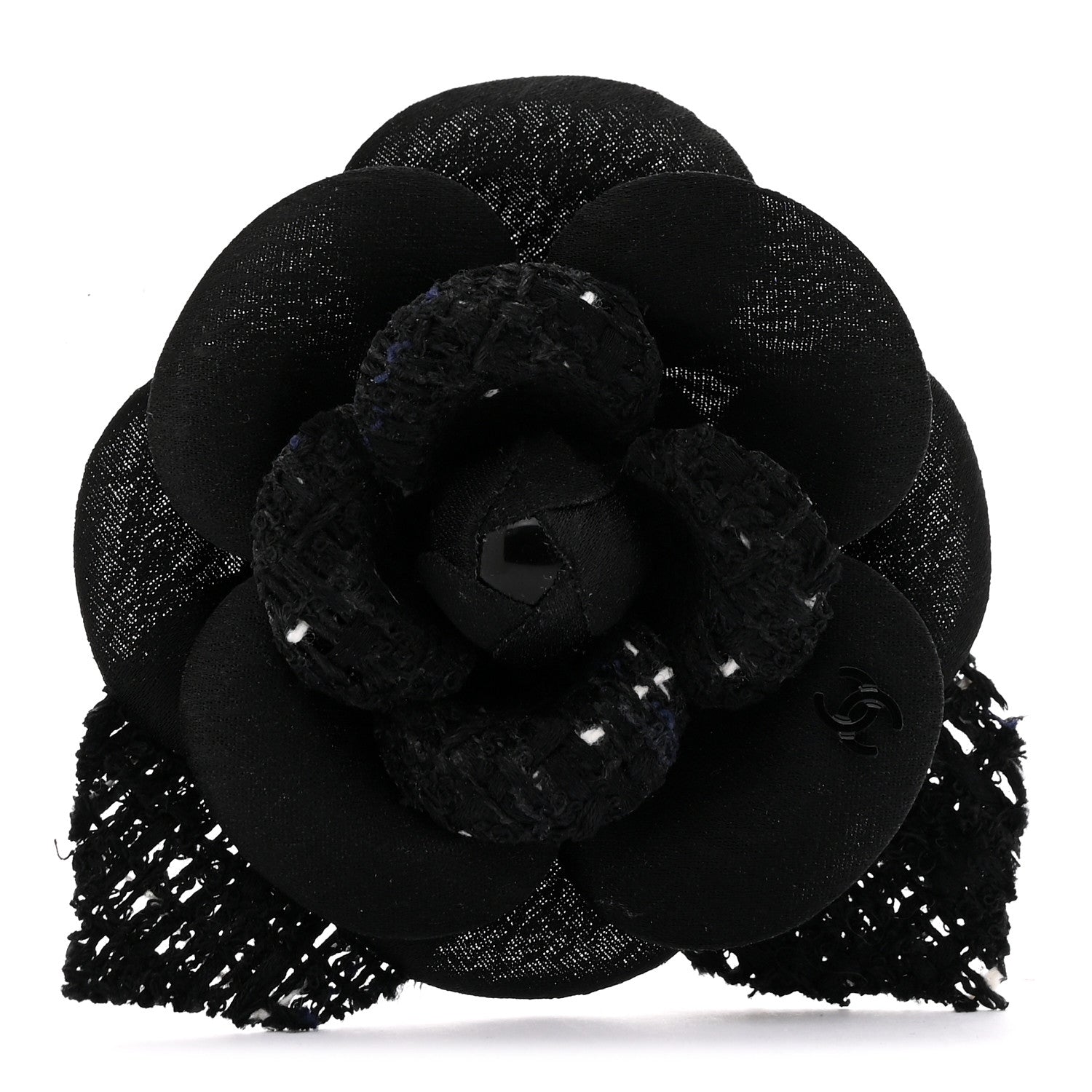 Tweed Fabric Camellia Pin Brooch Black