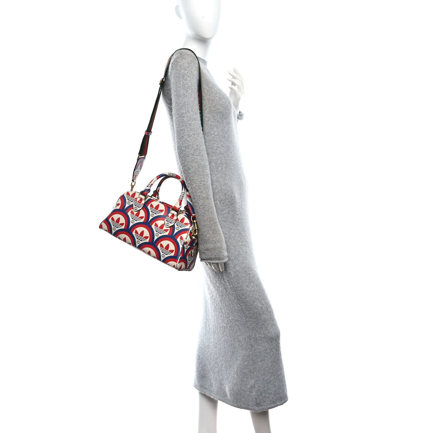 X ADIDAS Shangai Calfskin Web Trefoil Interlocking G Mini Duffle Bag Red White Blue