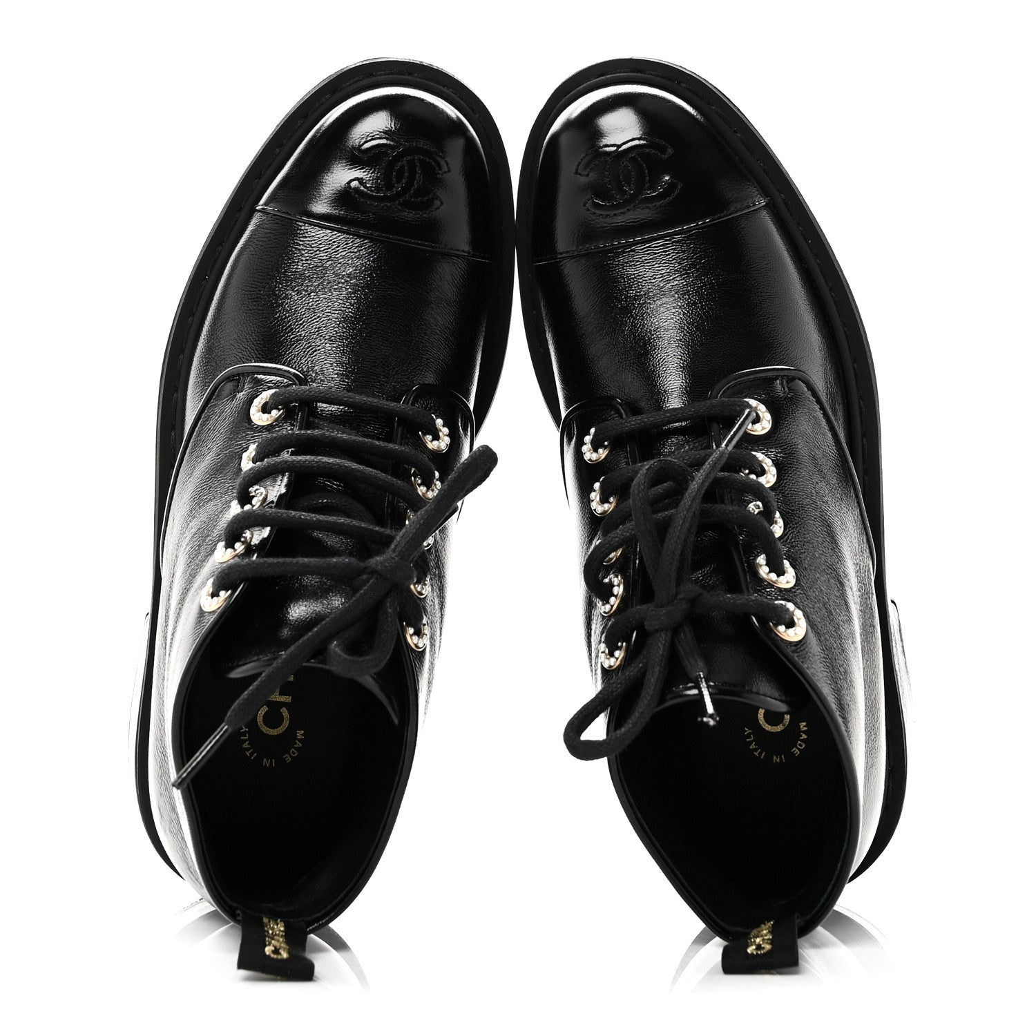 Shiny Calfskin Pearl Lace Up Combat Short Boots 38 Black