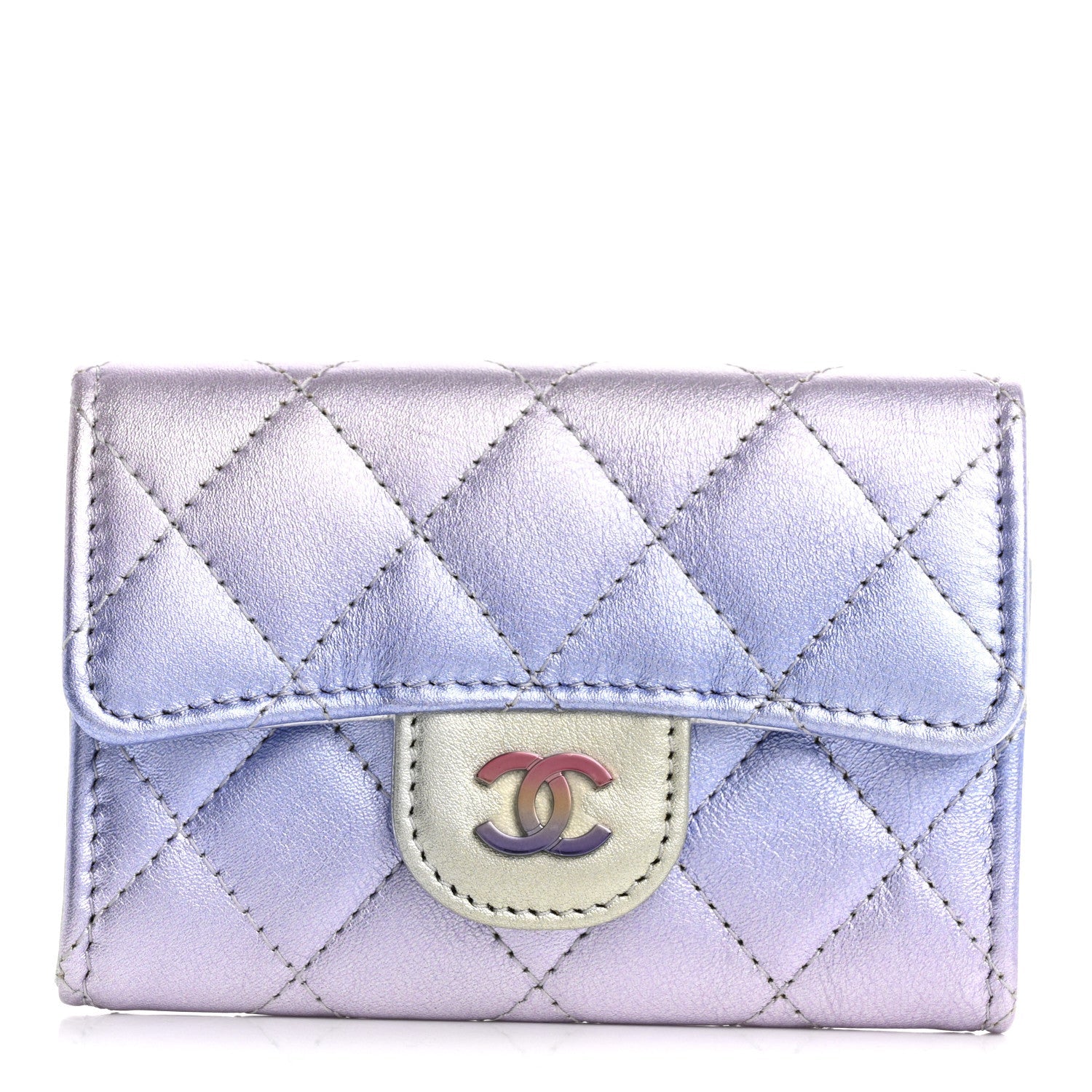 Gradient Metallic Calfskin Quilted Flap Card Holder Wallet Silver Blue Yellow Purple
