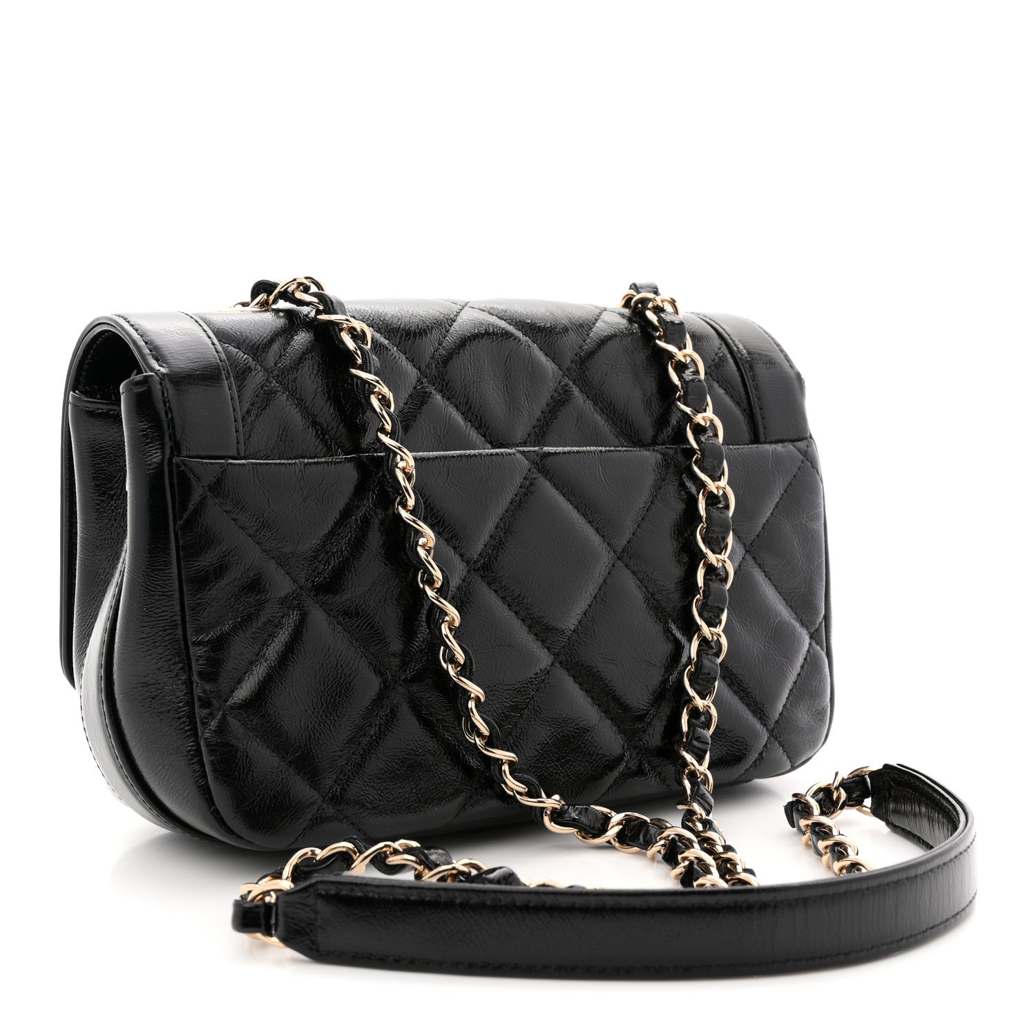 Crumpled Glazed Lambskin Quilted Mini Flap Black