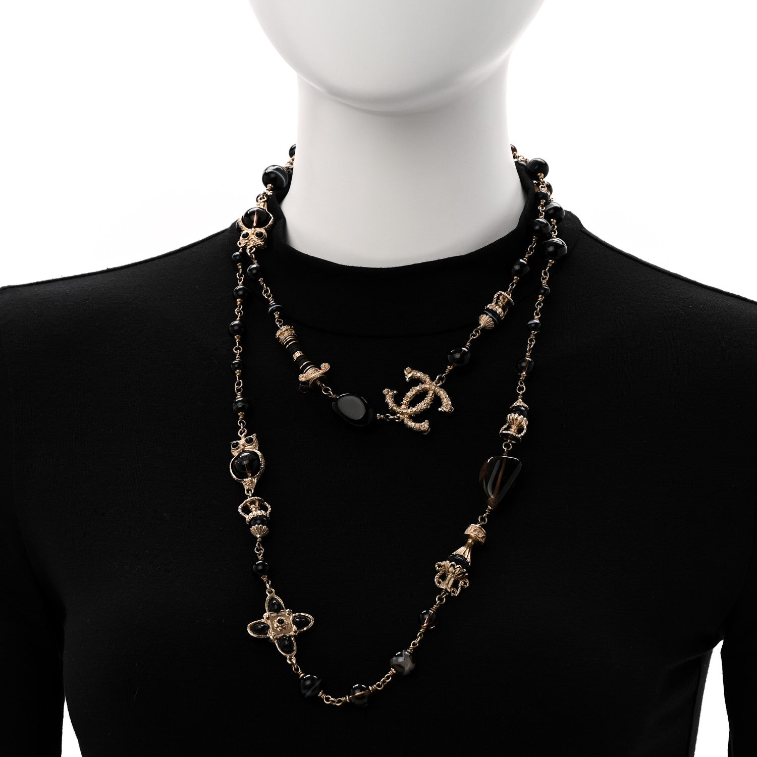 Resin Glass CC Beaded Charms Long Necklace Gold Black