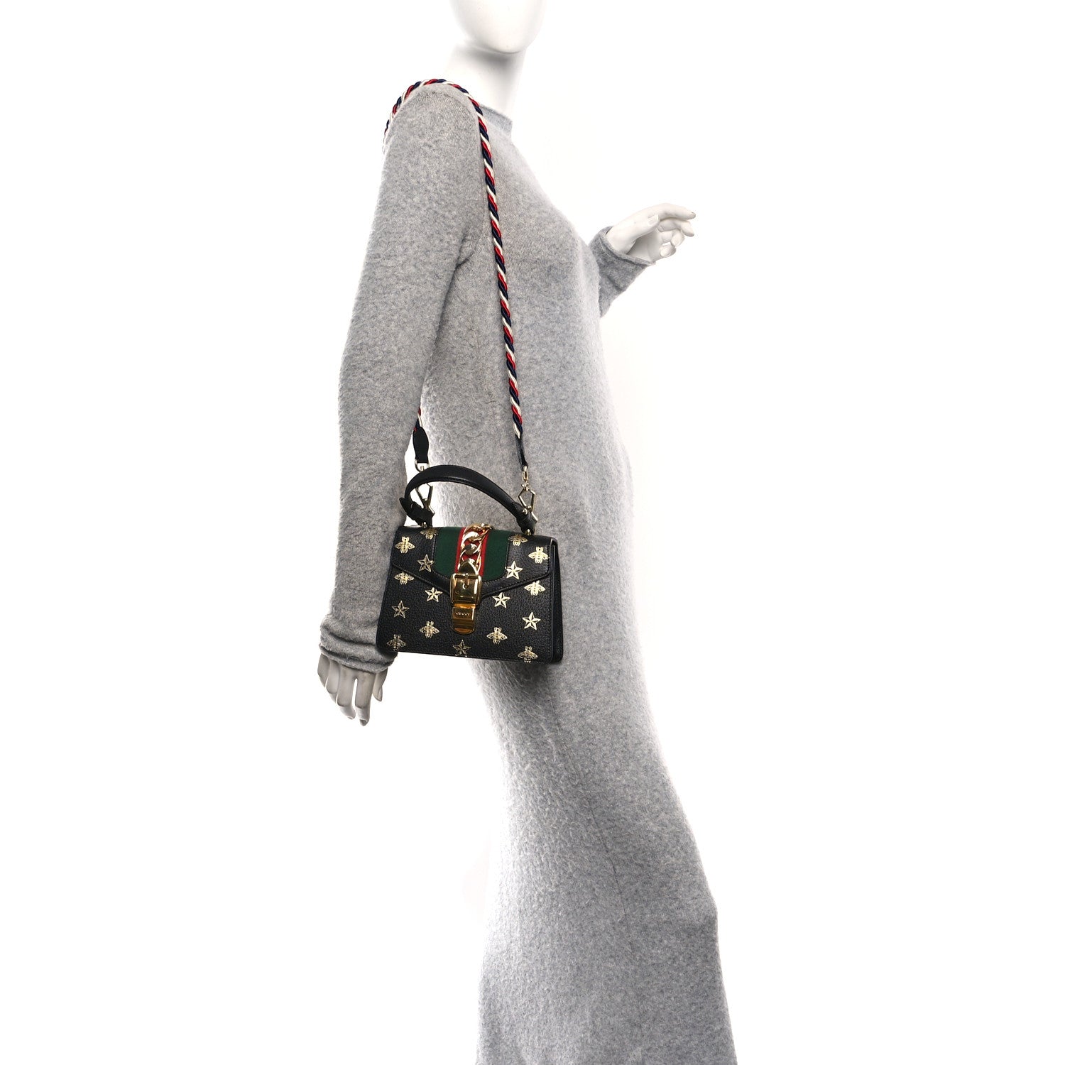 Textured Calfskin Bee Star Print Mini Sylvie Top Handle Bag Black