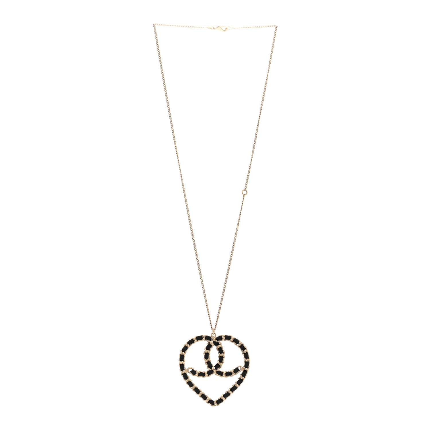 Satin Metal Chain CC Heart Necklace Black Gold