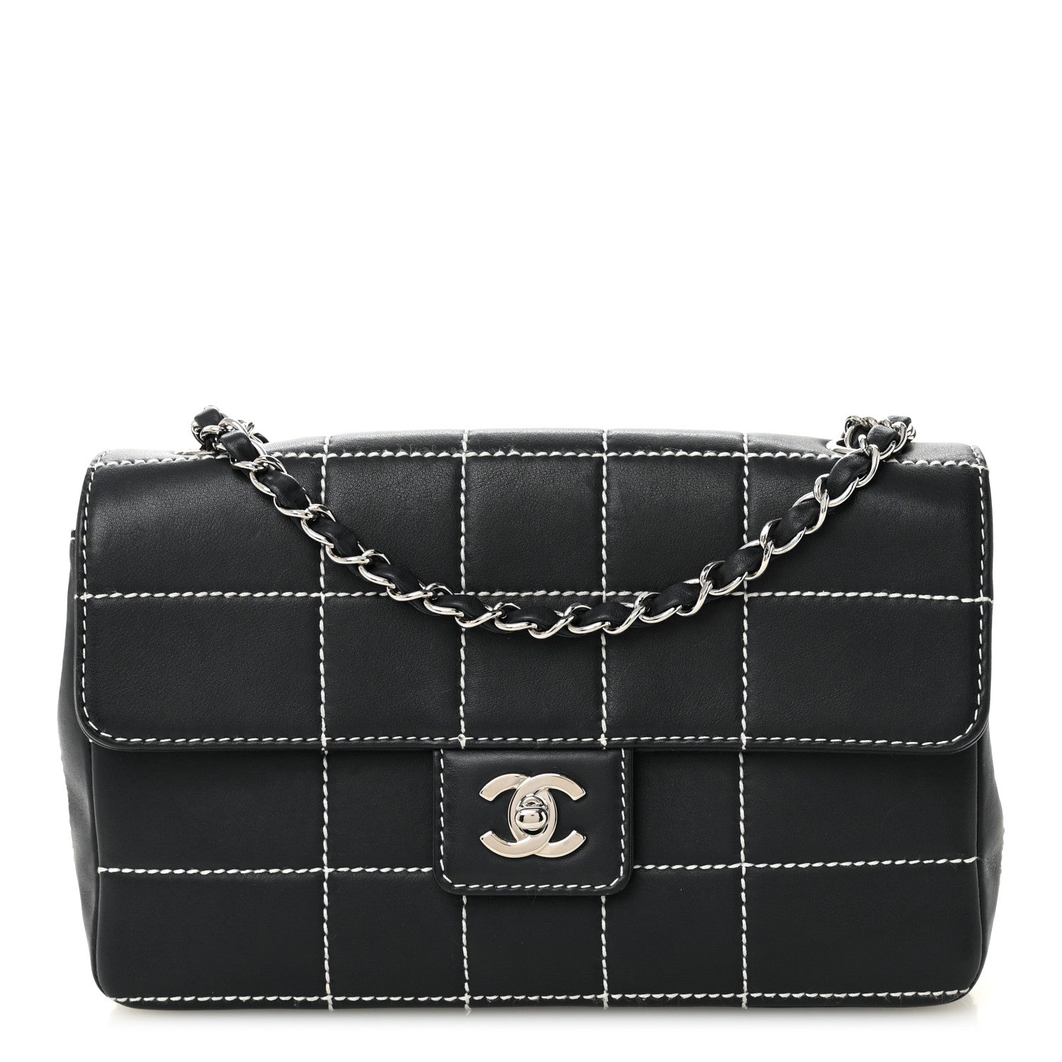 Calfskin Contrast Stitched Medium Single Flap Navy Blue