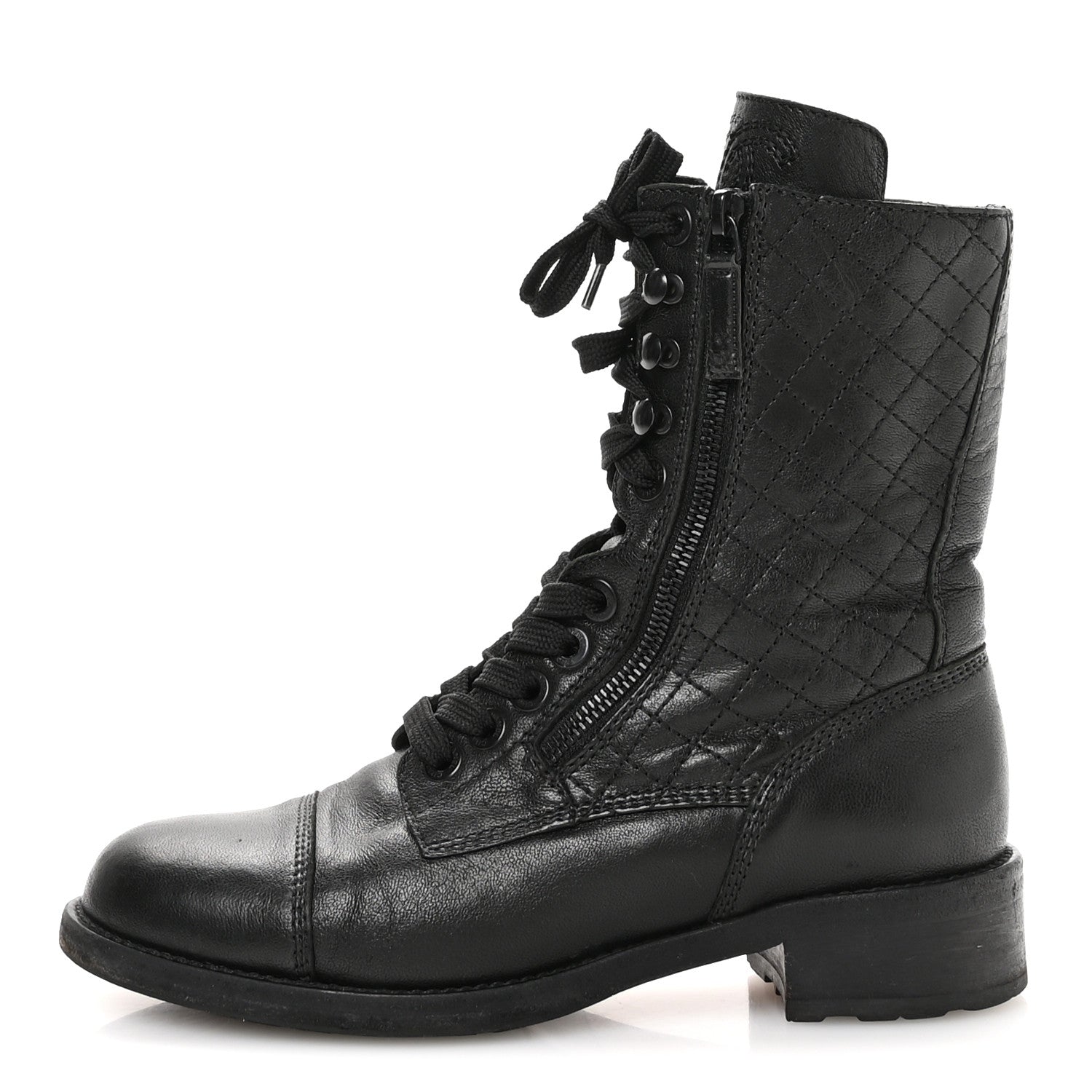 Sheepskin Quilted CC Tall Lace Up Combat Boots 38.5 Black