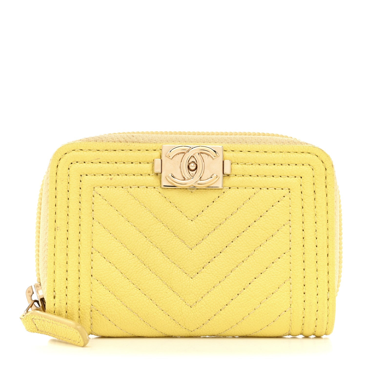 Caviar Chevron Quilted Boy Zip Around Coin Purse Wallet Yellow