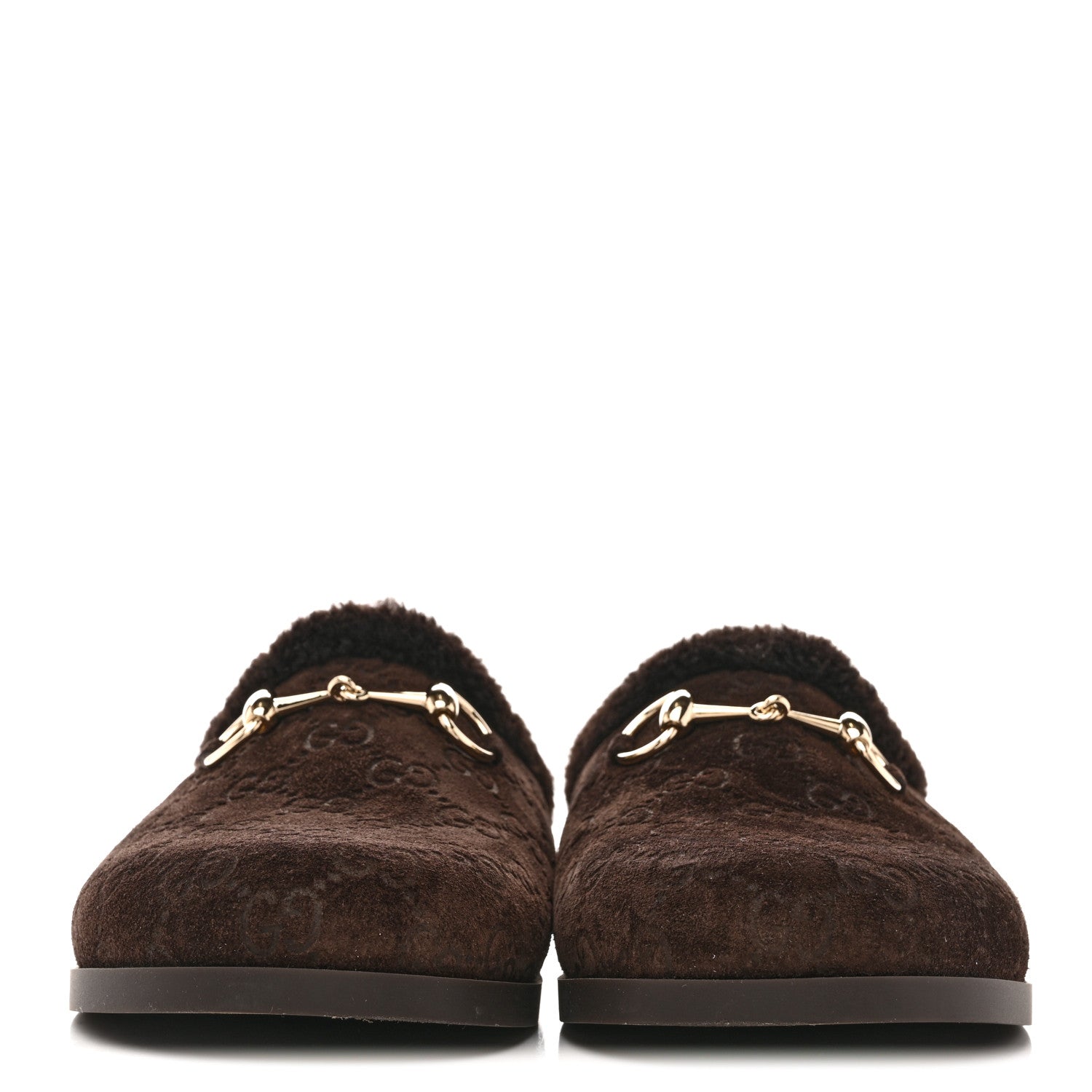 Suede GG Debossed Shearling Womens Horsebit Mules 36 Dark Brown