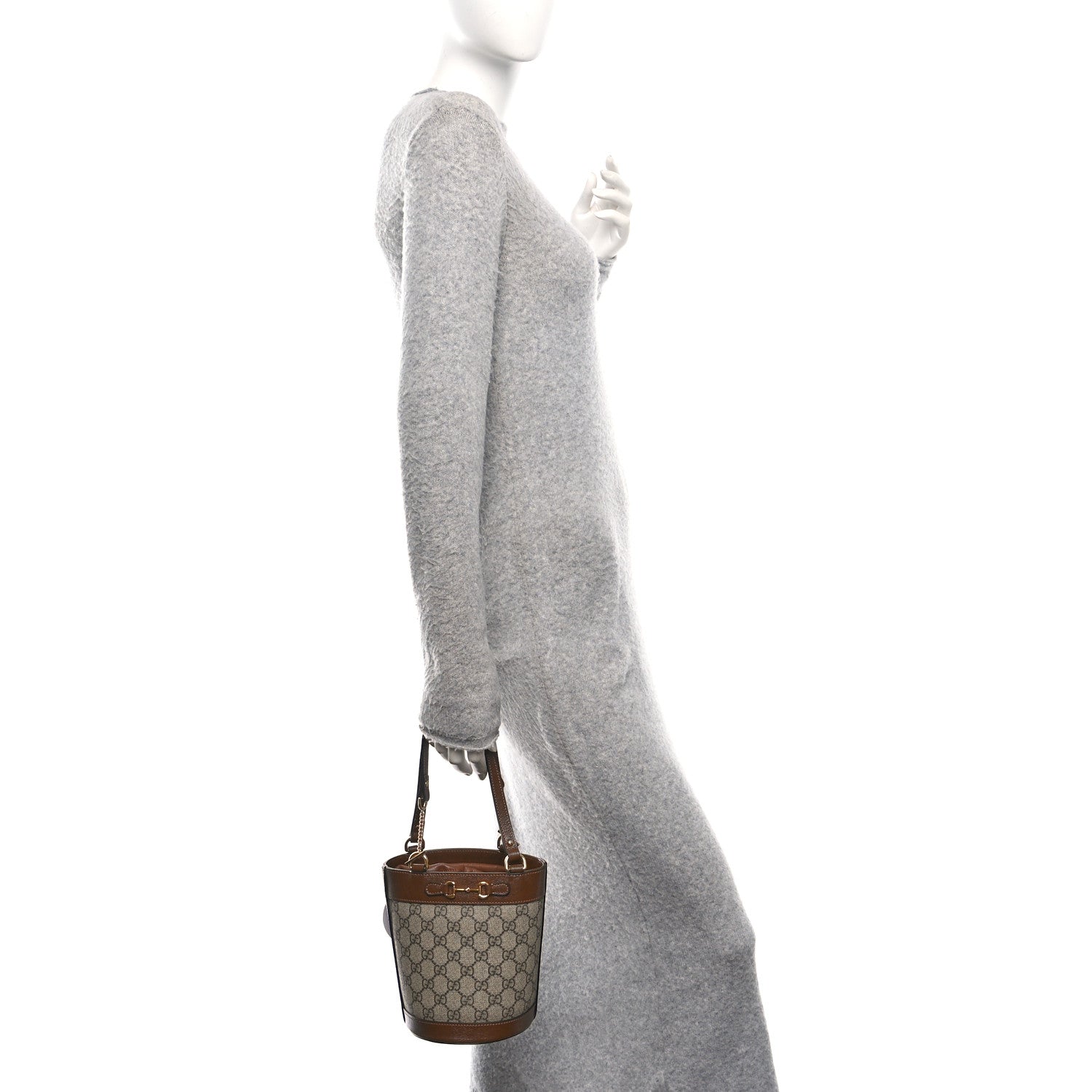 GG Supreme Monogram Azalea Sakai Calfskin Small Horsebit 1955 Drawstring Bucket Bag Beige Ebony Brown Sugar
