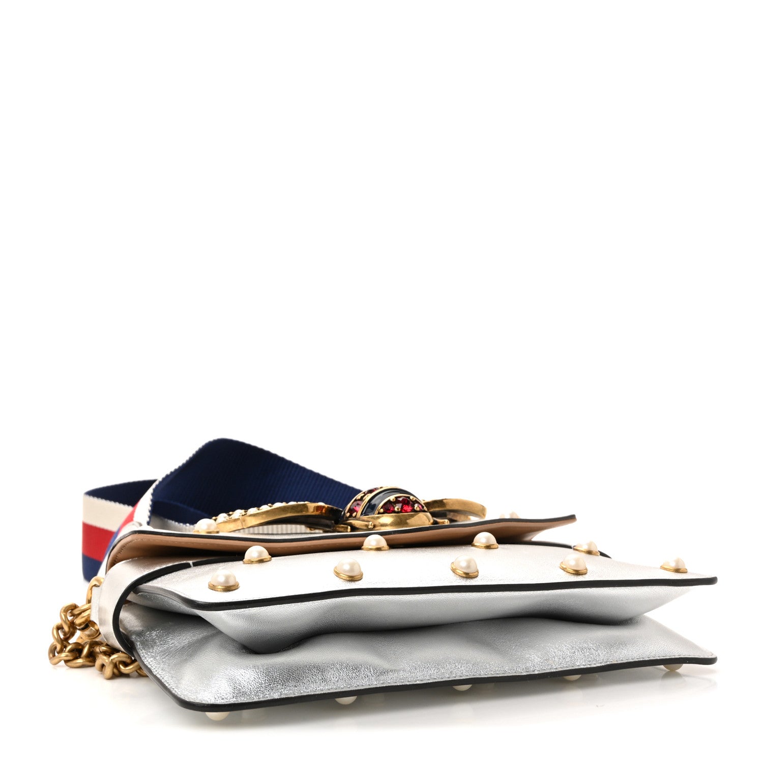Metallic Nappa Pearl Studded Mini Queen Margaret Broadway Shoulder Bag Silver