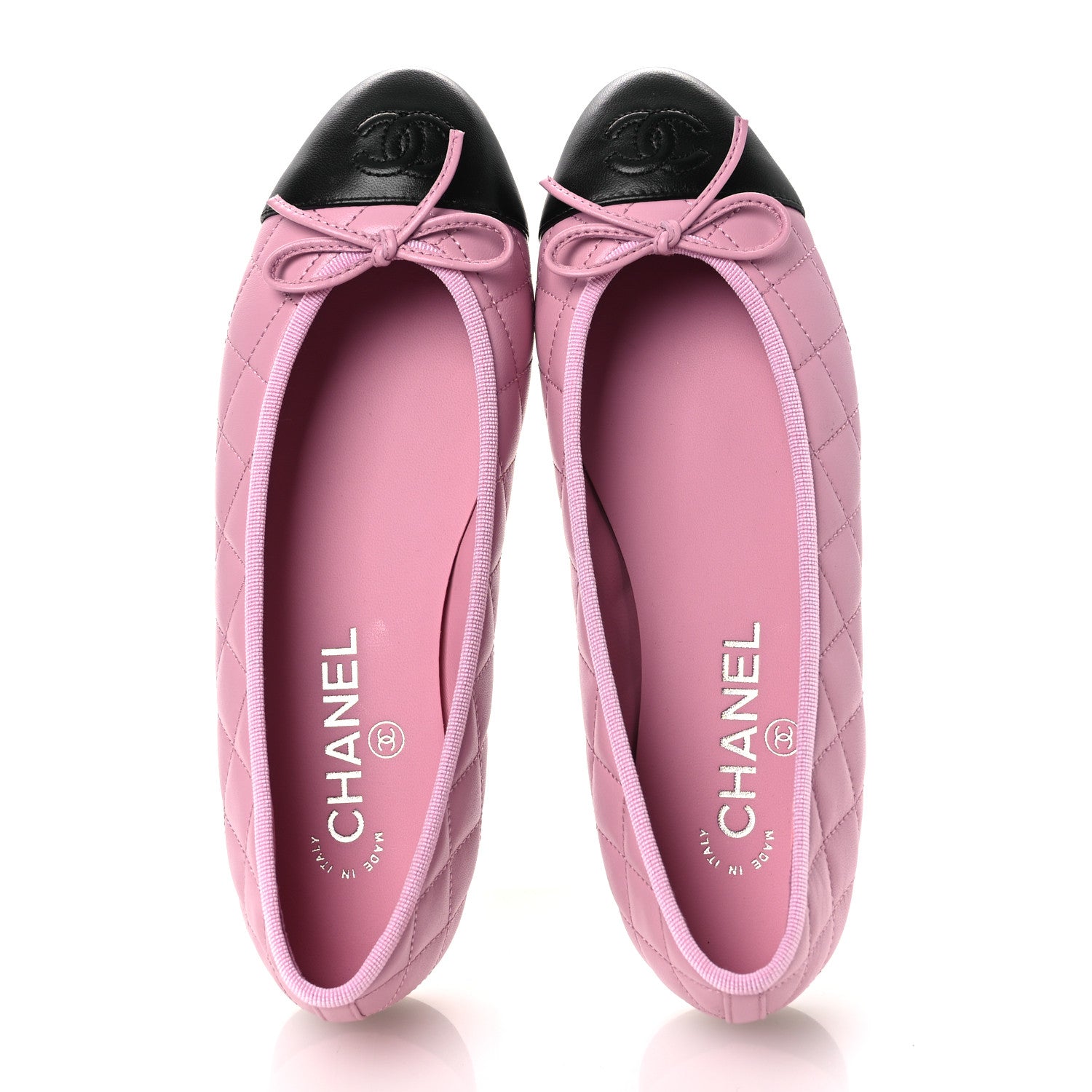 Lambskin Quilted CC Cap Toe Ballerina Flats 37 Light Pink Black