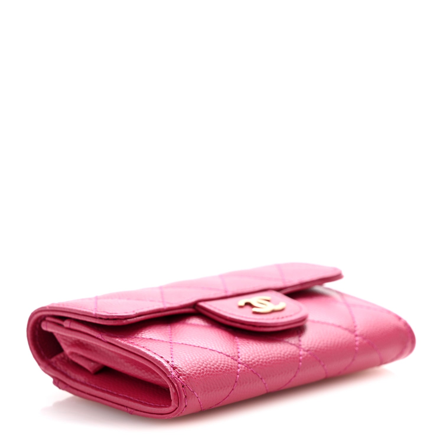 Caviar Quilted Flap Card Holder Wallet Dark Pink