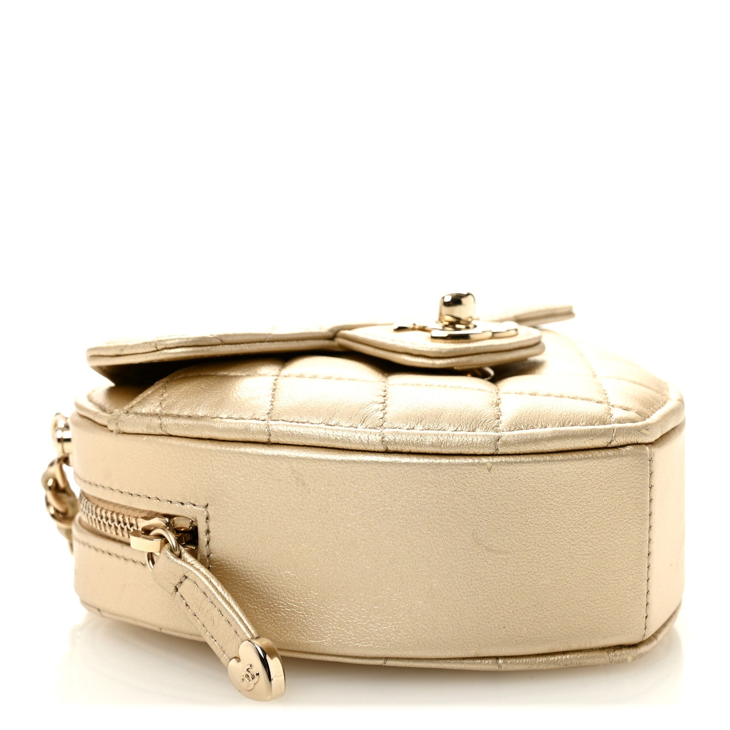 Metallic Lambskin Quilted CC In Love Heart Clutch With Chain Gold