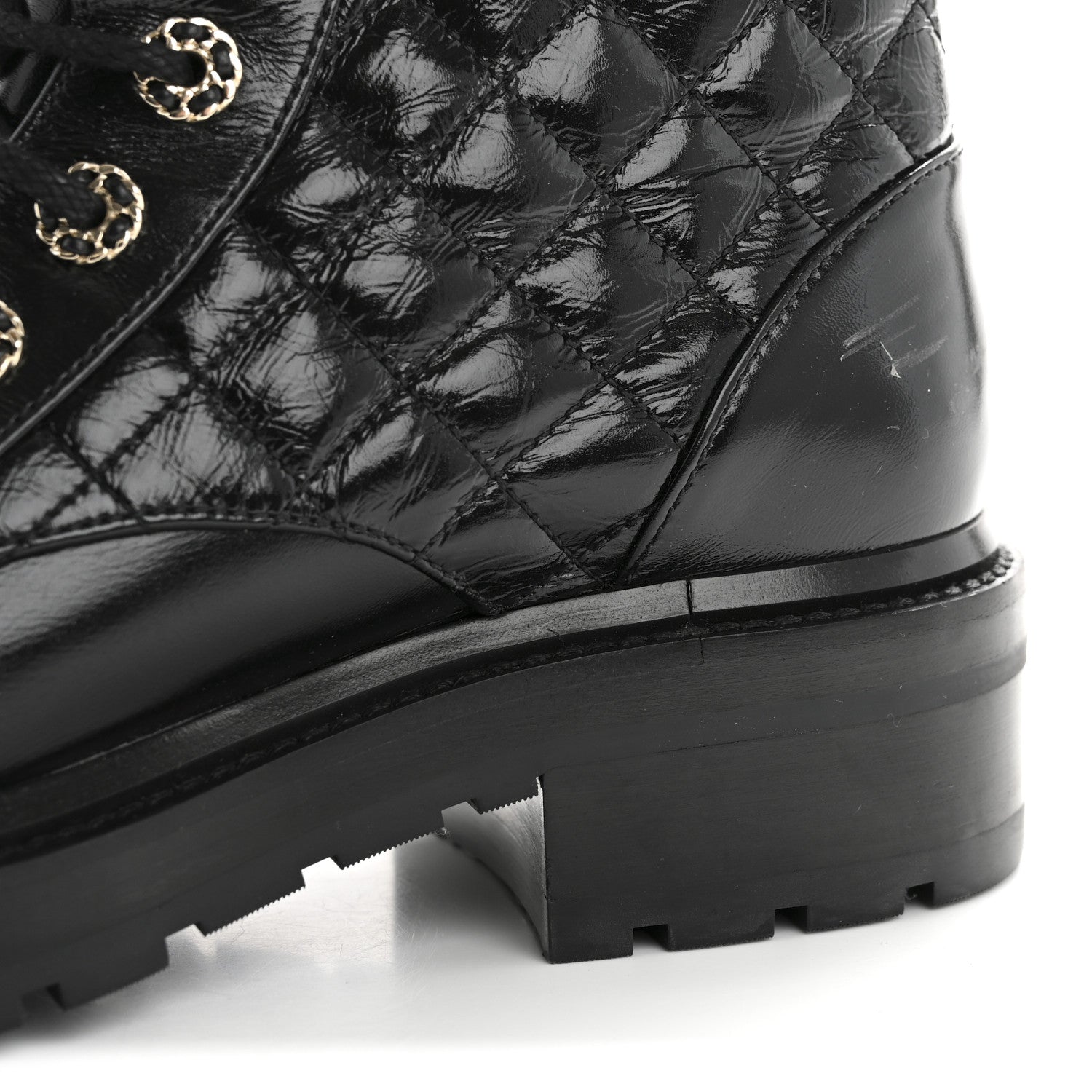 Shiny Lambskin Quilted Lace Up Combat Boots 37 Black