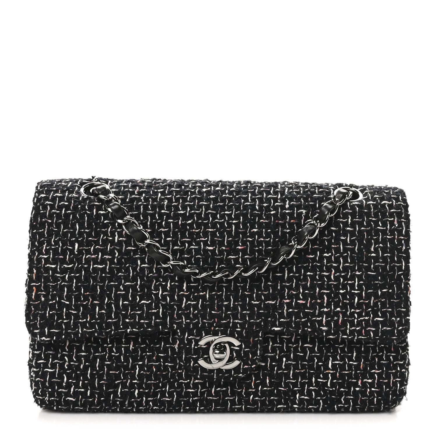 Tweed Quilted Medium Double Flap Black Multicolor