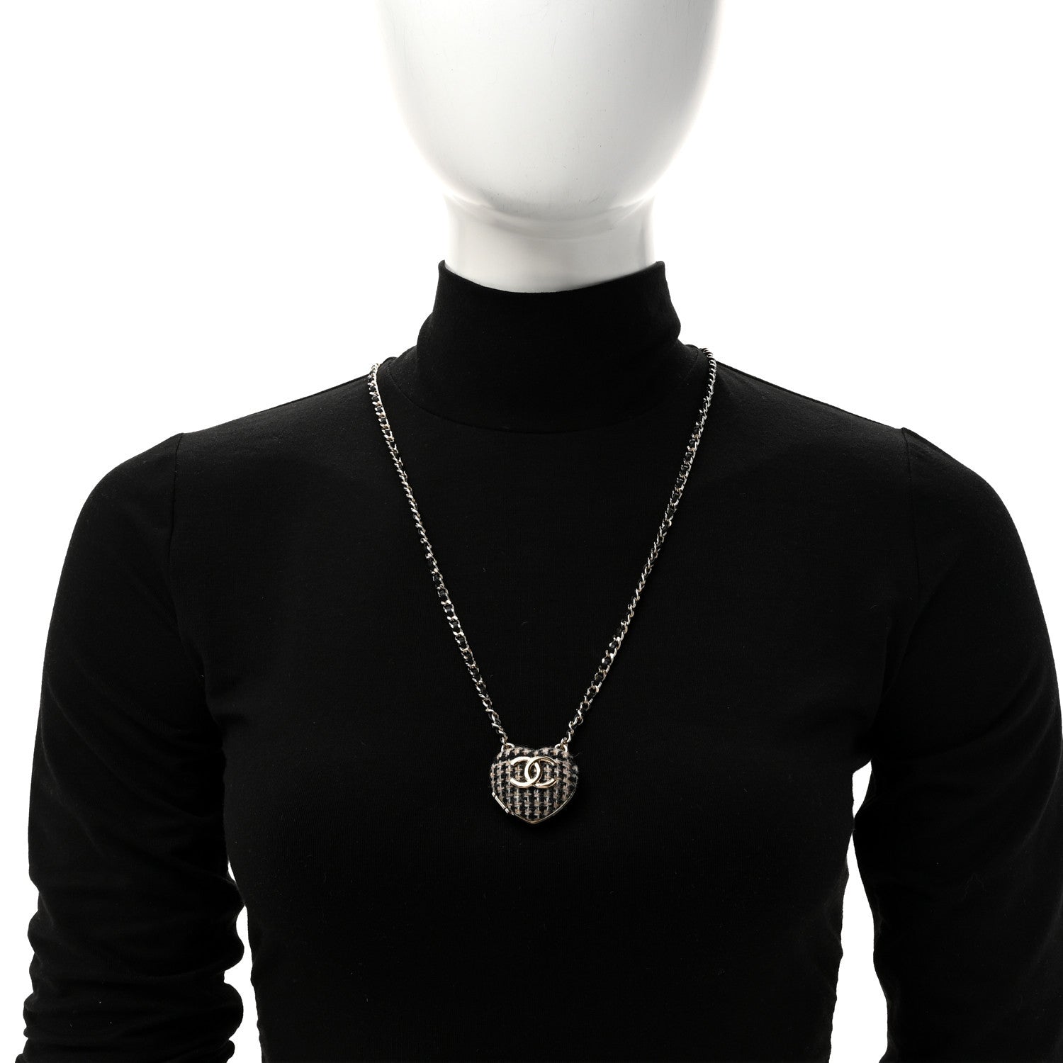 Tweed Lambskin CC Heart Locket Necklace Gold Black Beige