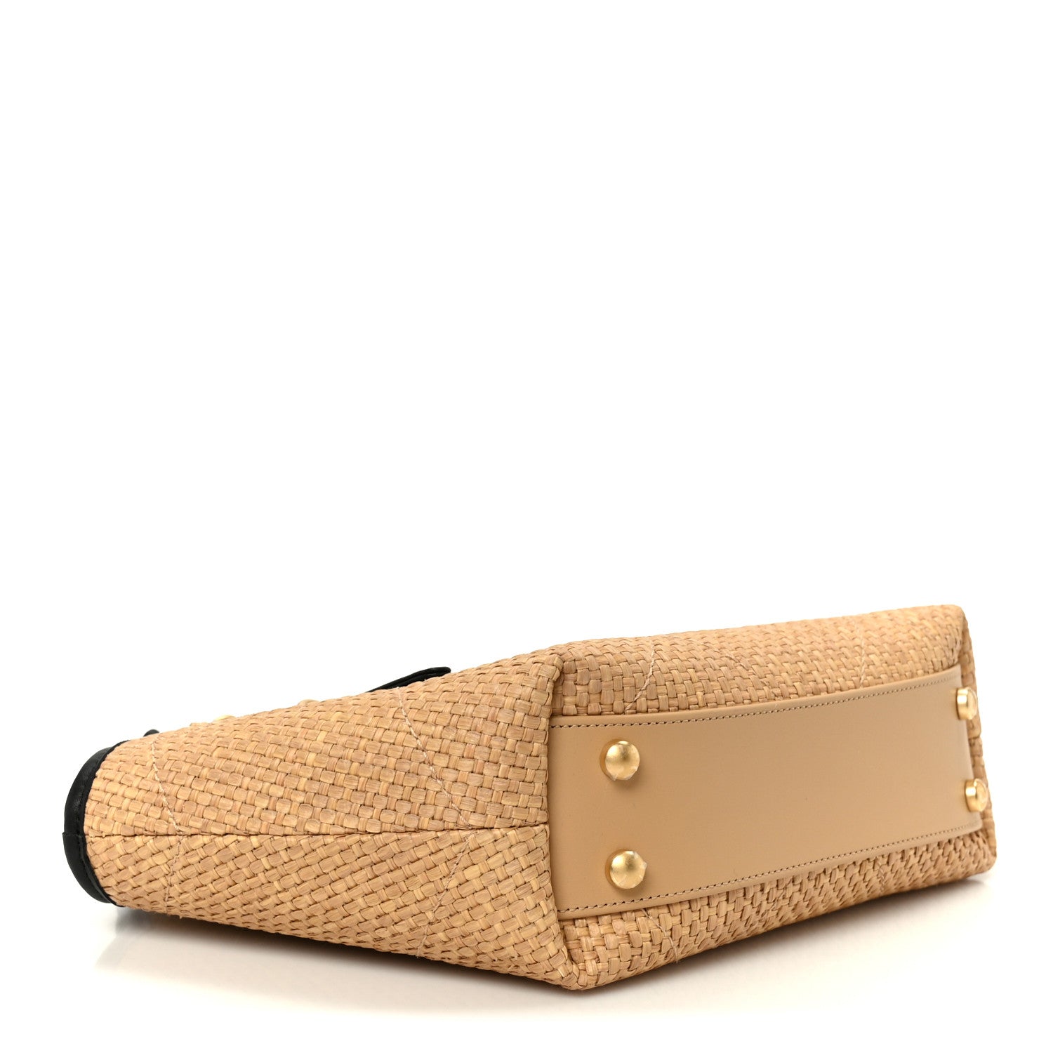 Braided Raffia Stitched Small Shopping Bag Dark Beige Black