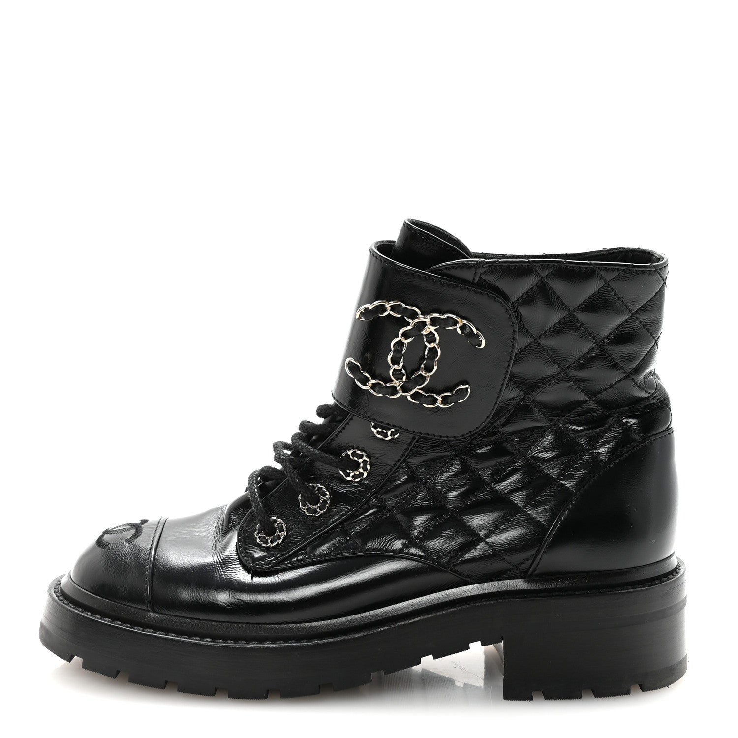 Shiny Calfskin Quilted Lace Up Combat Boots 37.5 Black