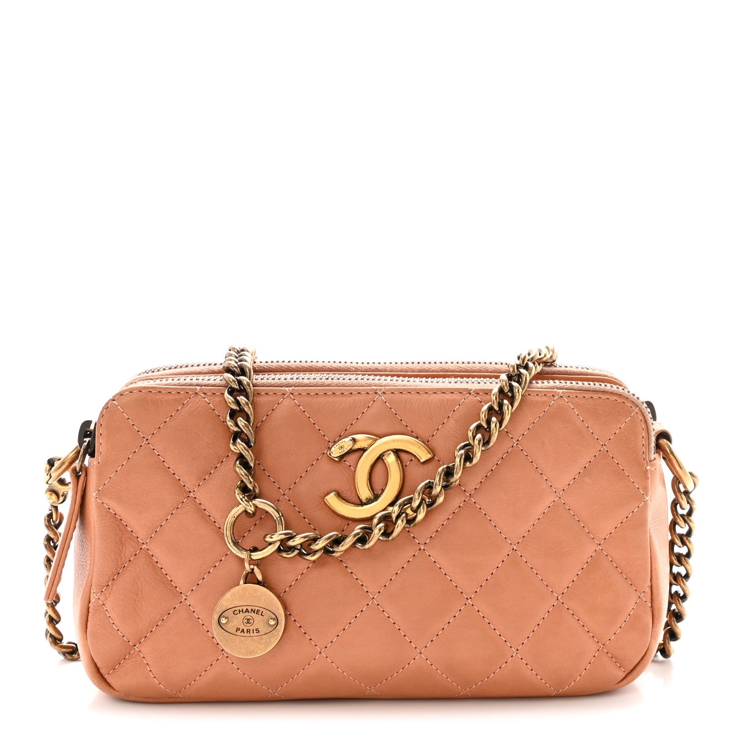 Calfskin Quilted Crown CC Double Zip Bag Beige