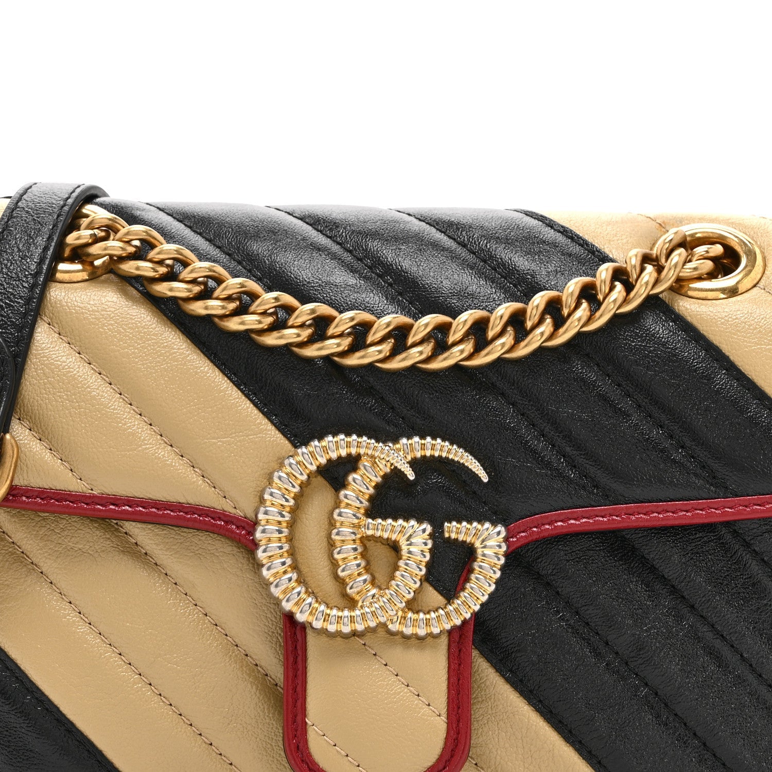 Vintage Effect Calfskin Matelasse Diagonal Striped Mini Torchon GG Marmont Shoulder Bag Black Beige