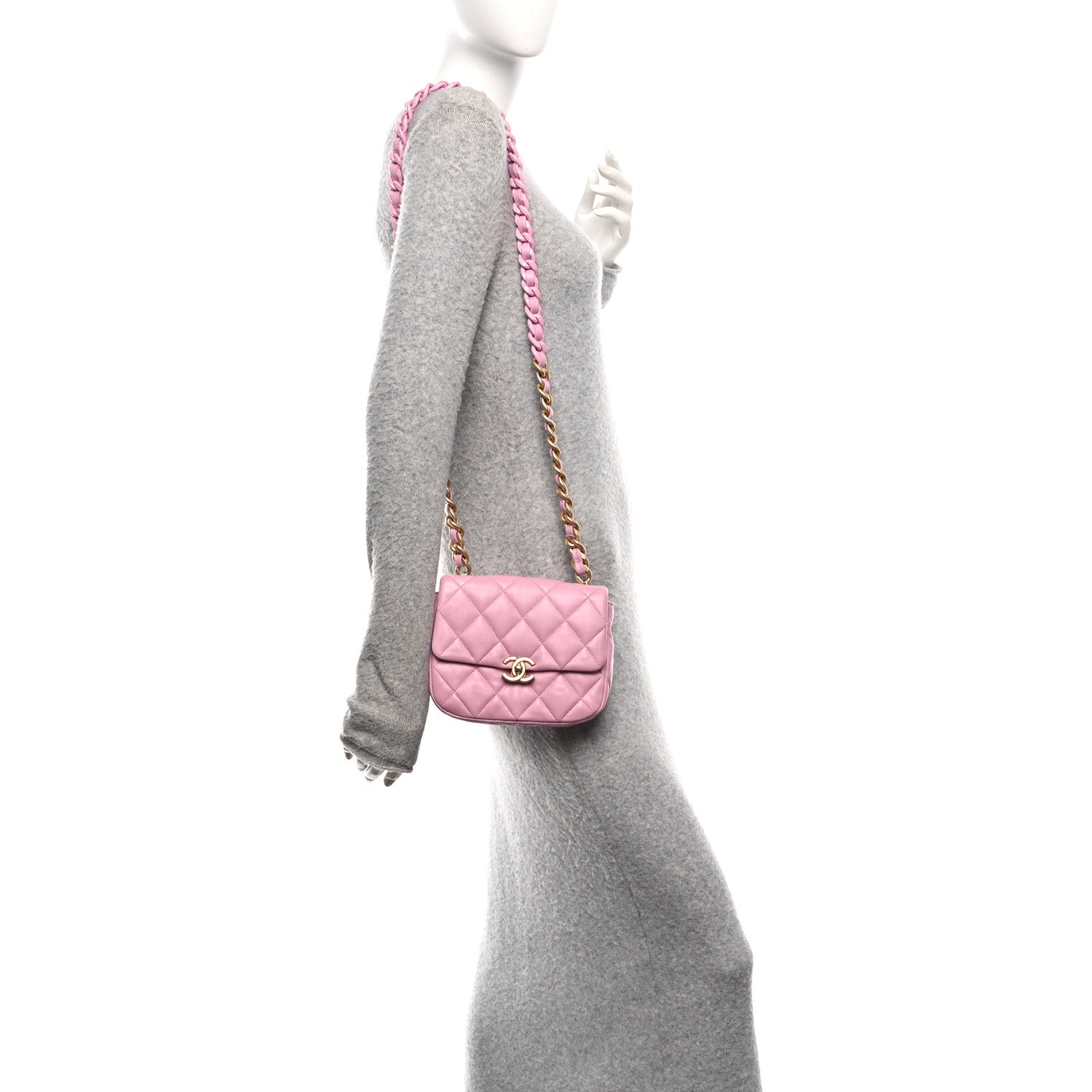 Lambskin Quilted Mini Lacquered Chain Flap Pink