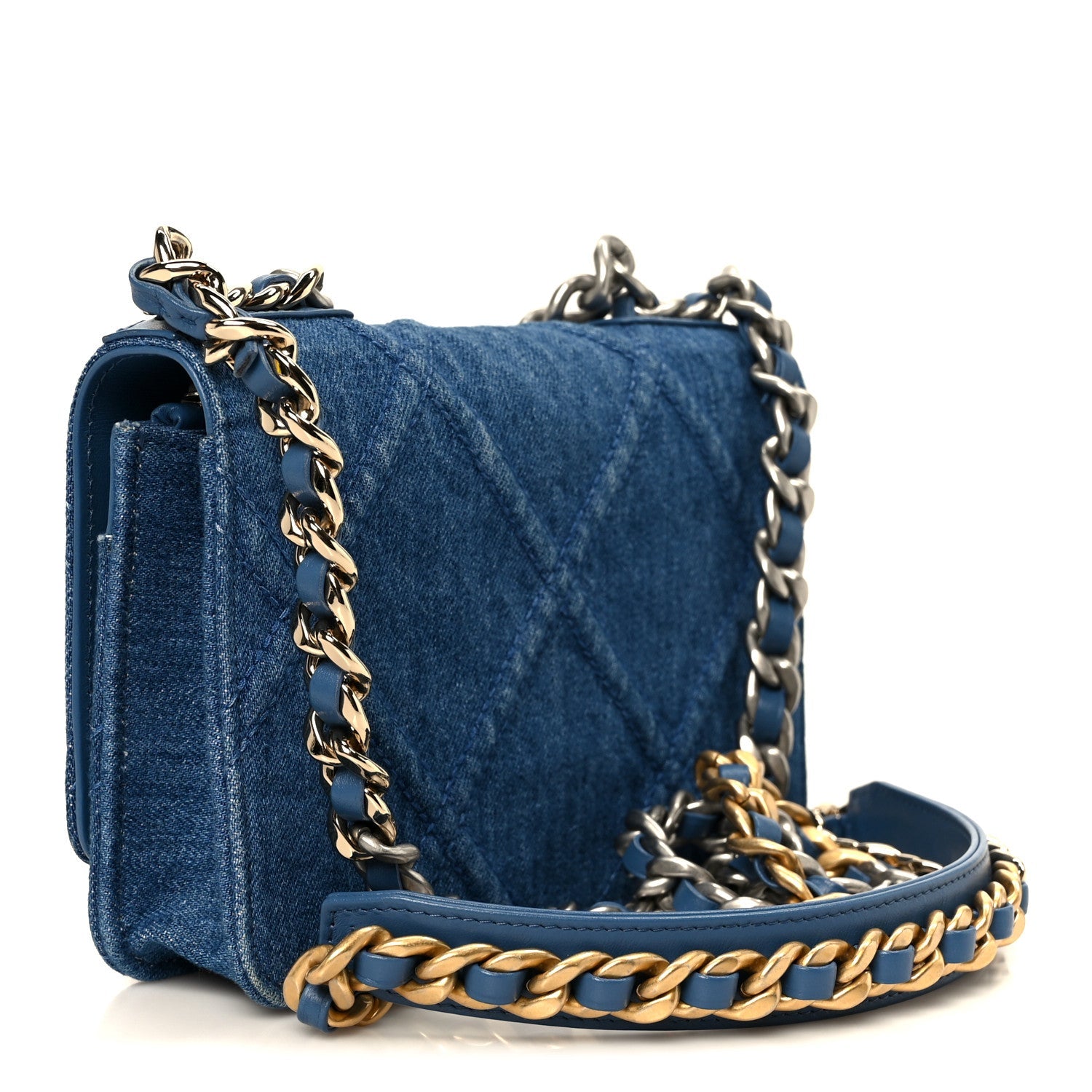 Denim Quilted Chanel 19 Wallet On Chain WOC Blue