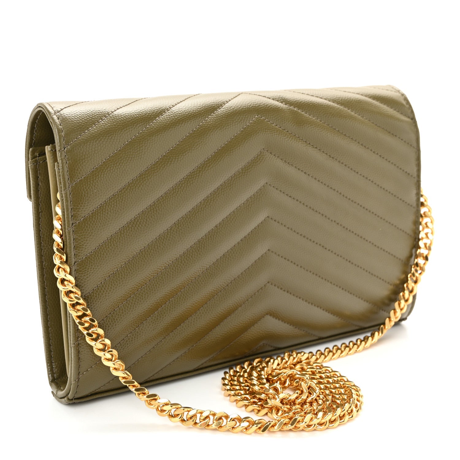 Grain De Poudre Matelasse Chevron Monogram Chain Wallet Vert Kaki