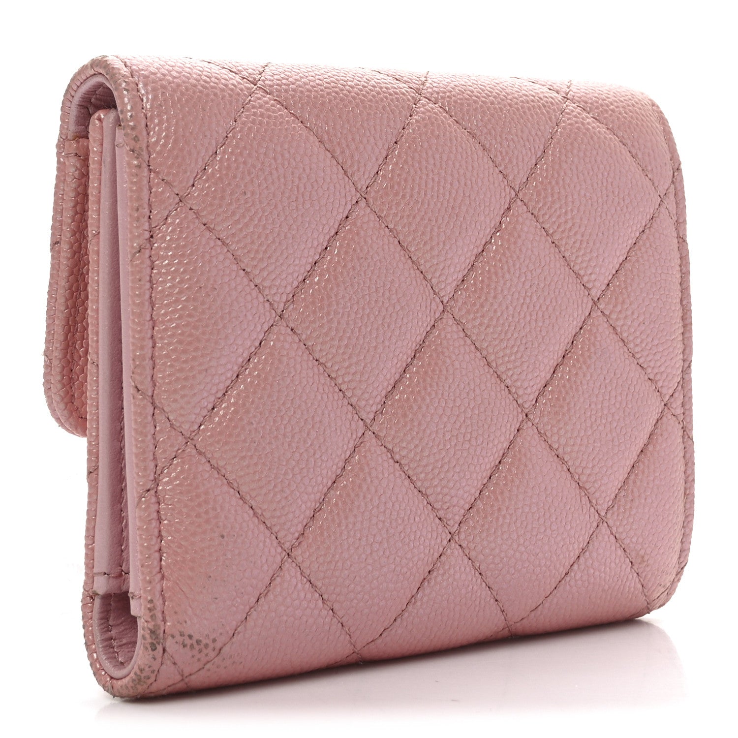 Iridescent Caviar Quilted Small Flap Wallet Rose Pink