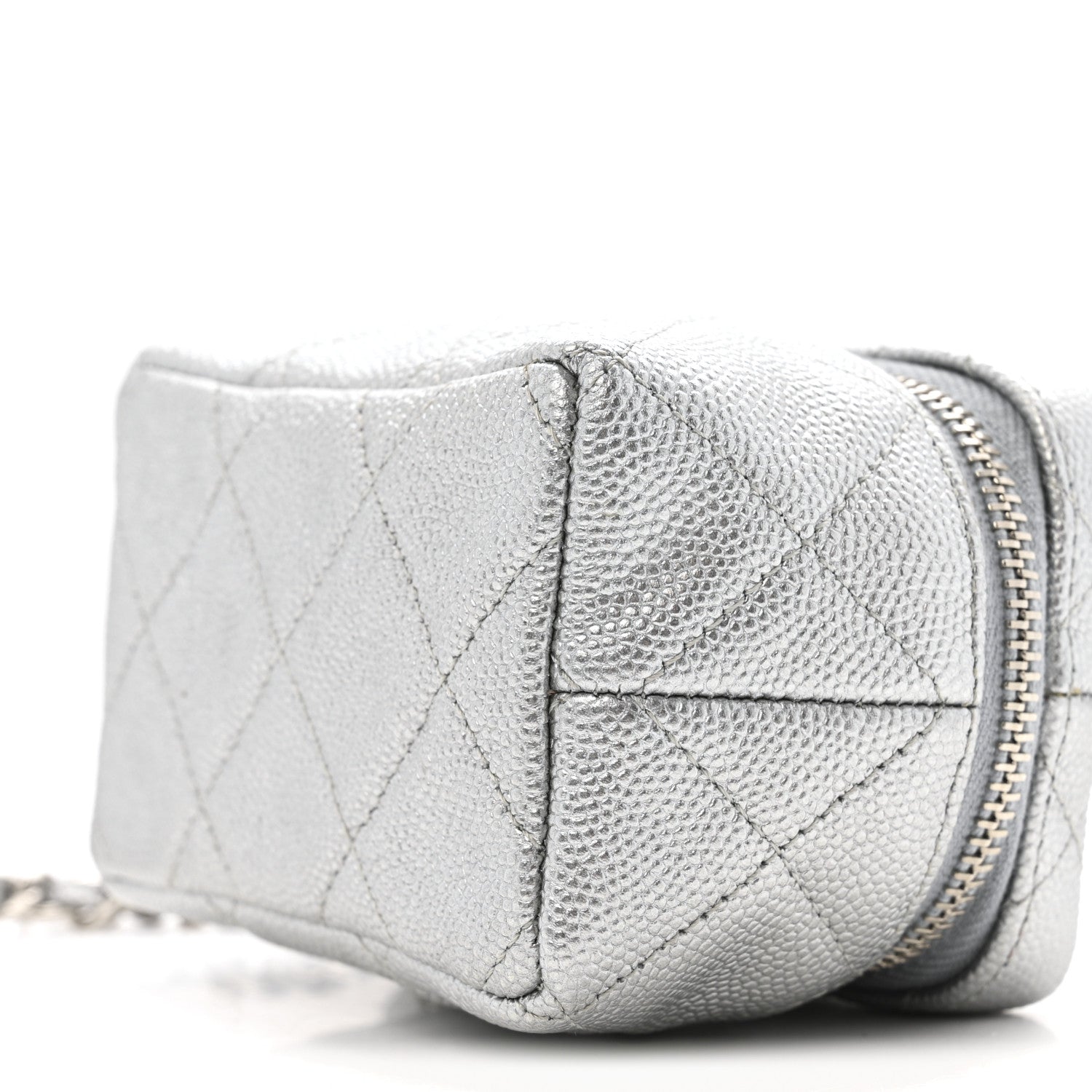 Metallic Caviar Quilted Mini Top Handle Vanity With Chain Silver