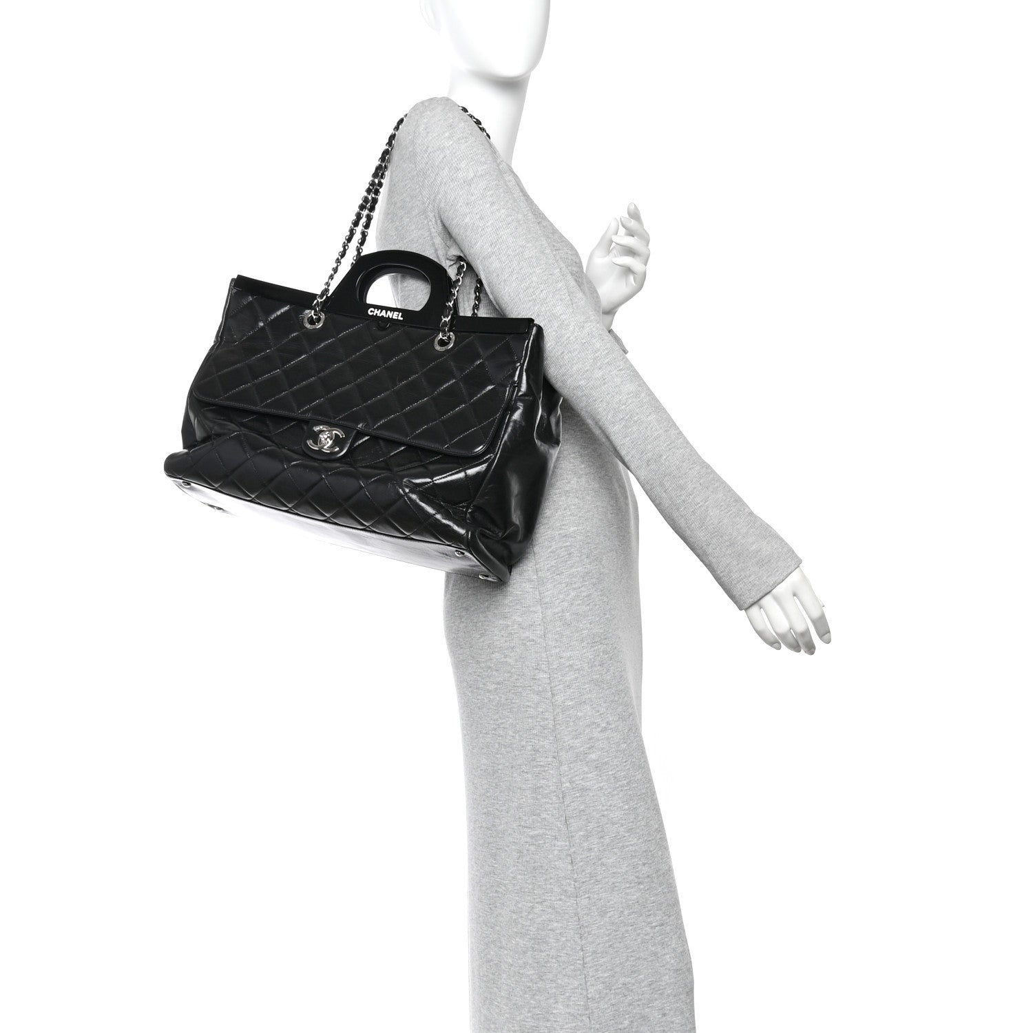 Glazed Calfskin Quilted Large CC Delivery Tote Black