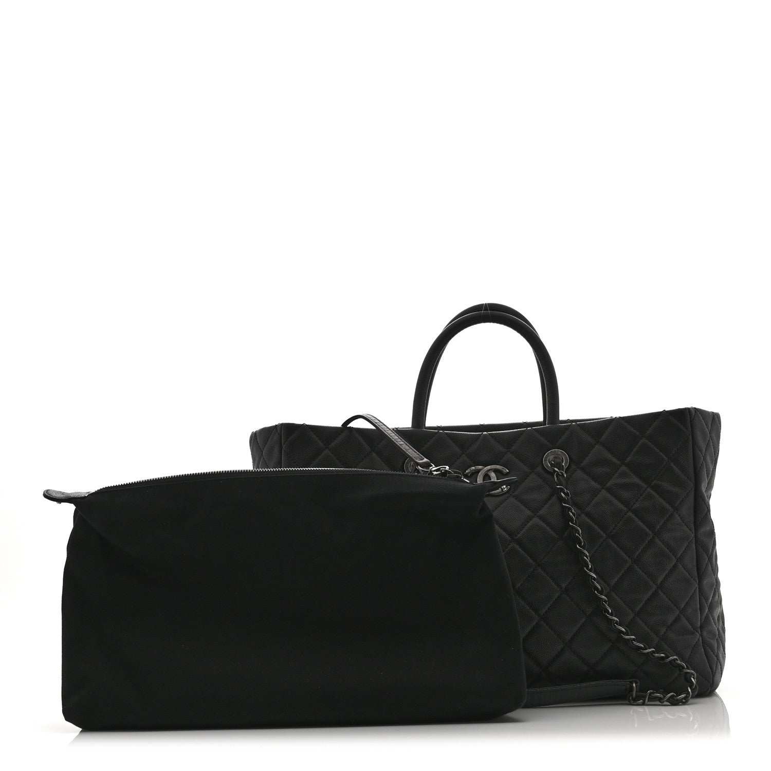 Caviar Quilted Large Coco Handle Shopping Tote Black