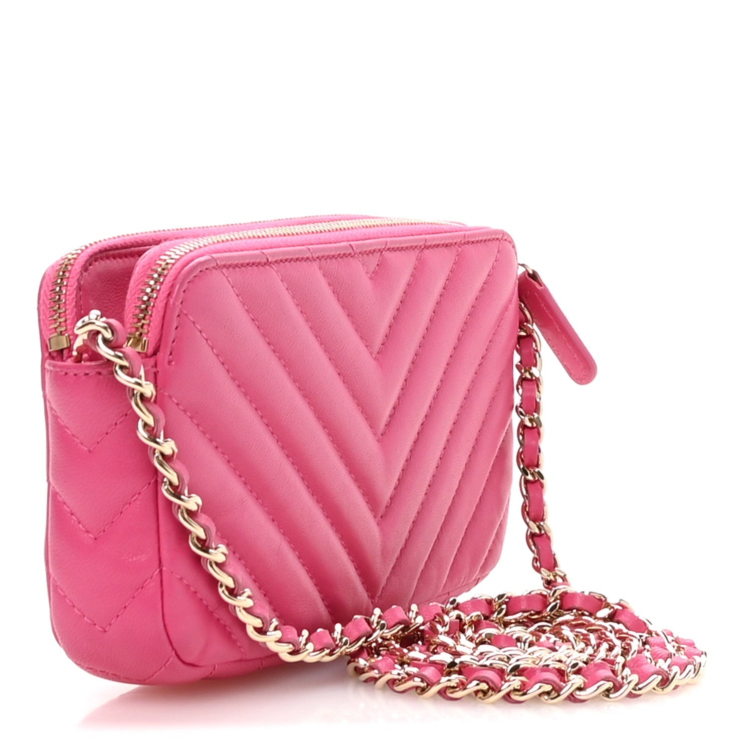 Lambskin Chevron Quilted Small Clutch With Chain Pink