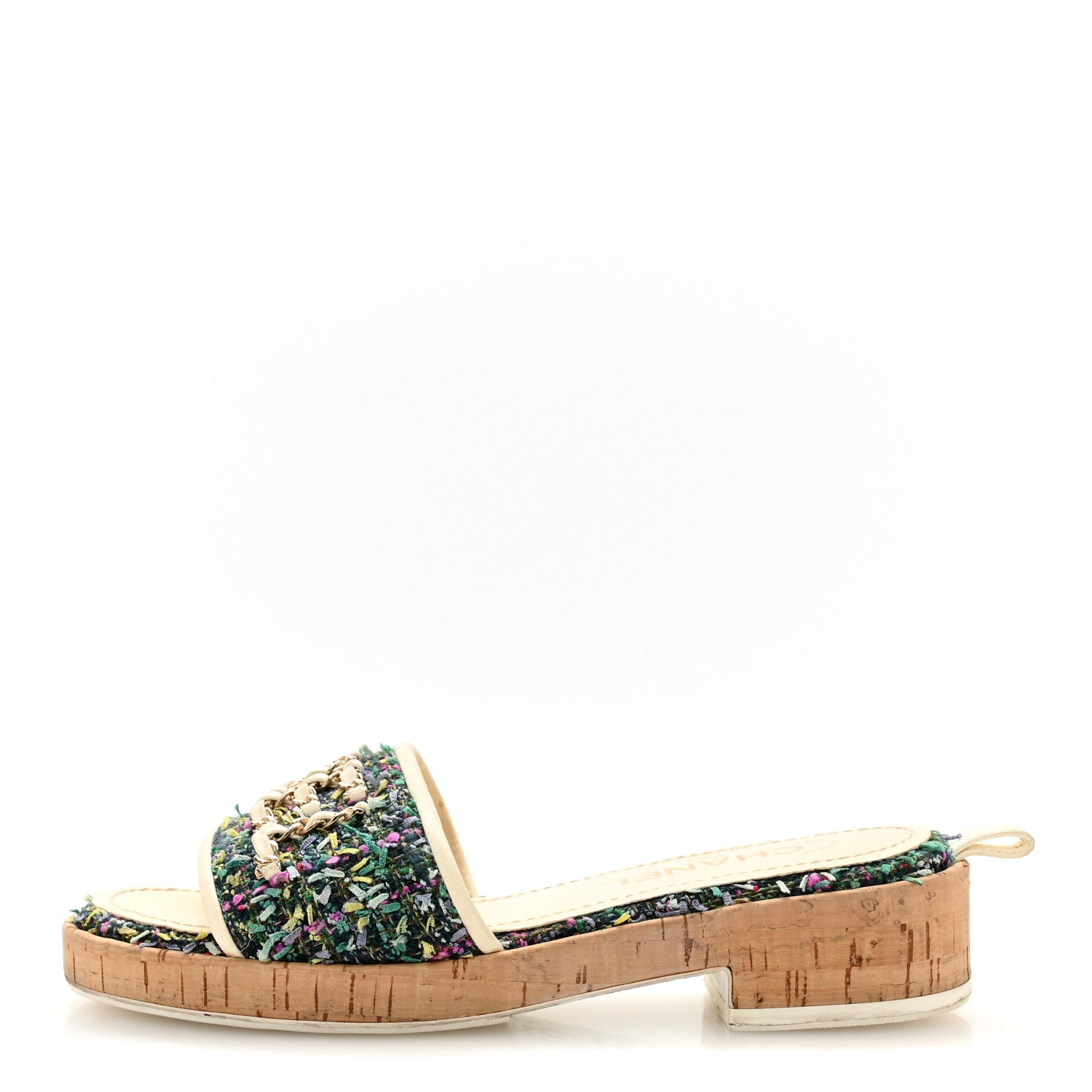 Tweed Cork CC Chain Mule Sandal 36.5 Green Multicolor