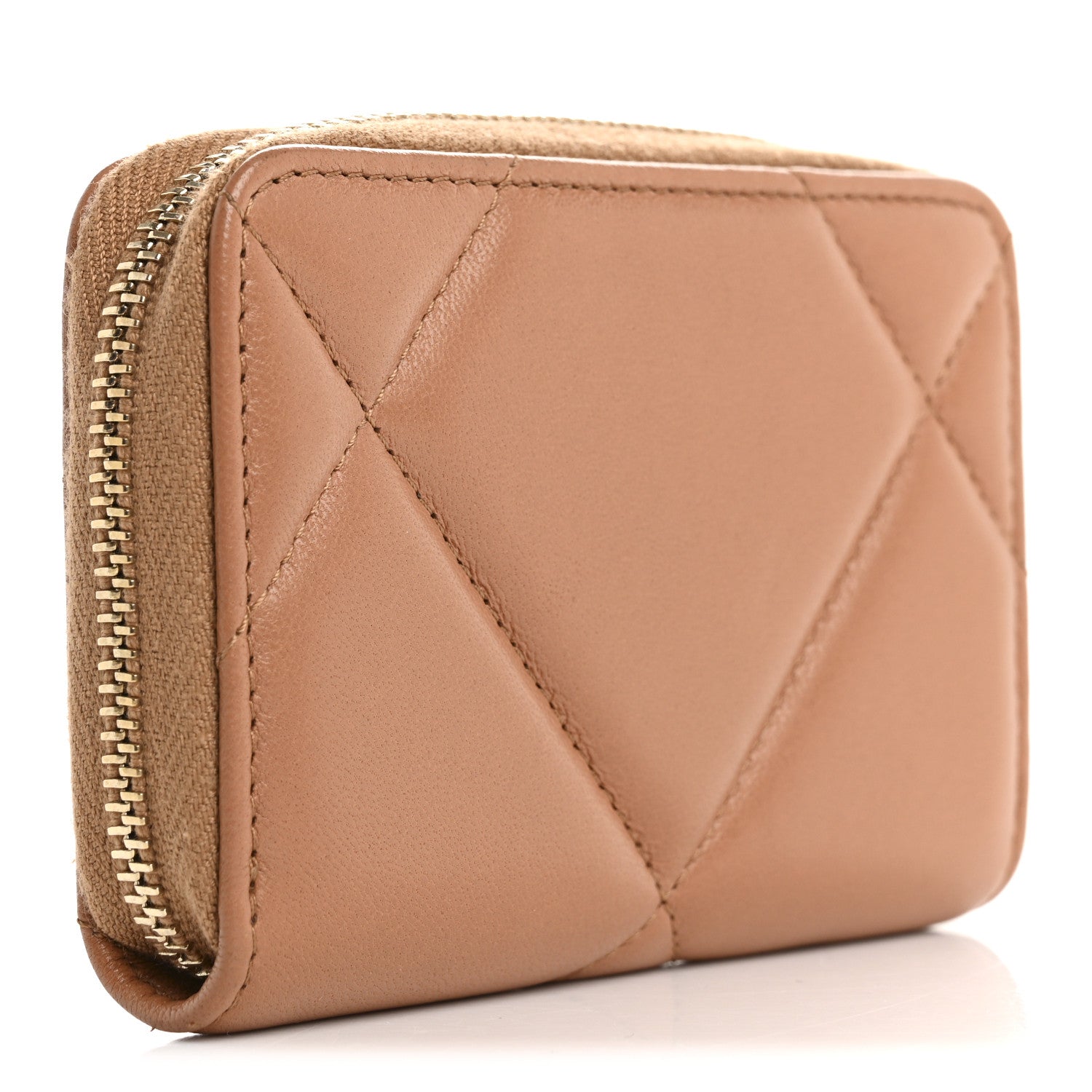 Lambskin Quilted Chanel 19 Zip Around Coin Purse Wallet Brown