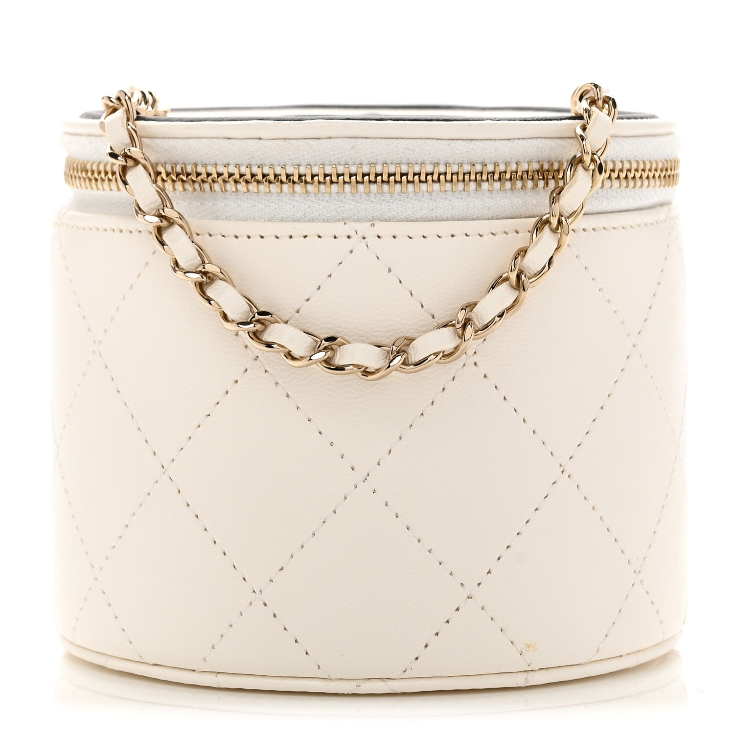 Lambskin Quilted Round Small Vanity Case With Chain White Black