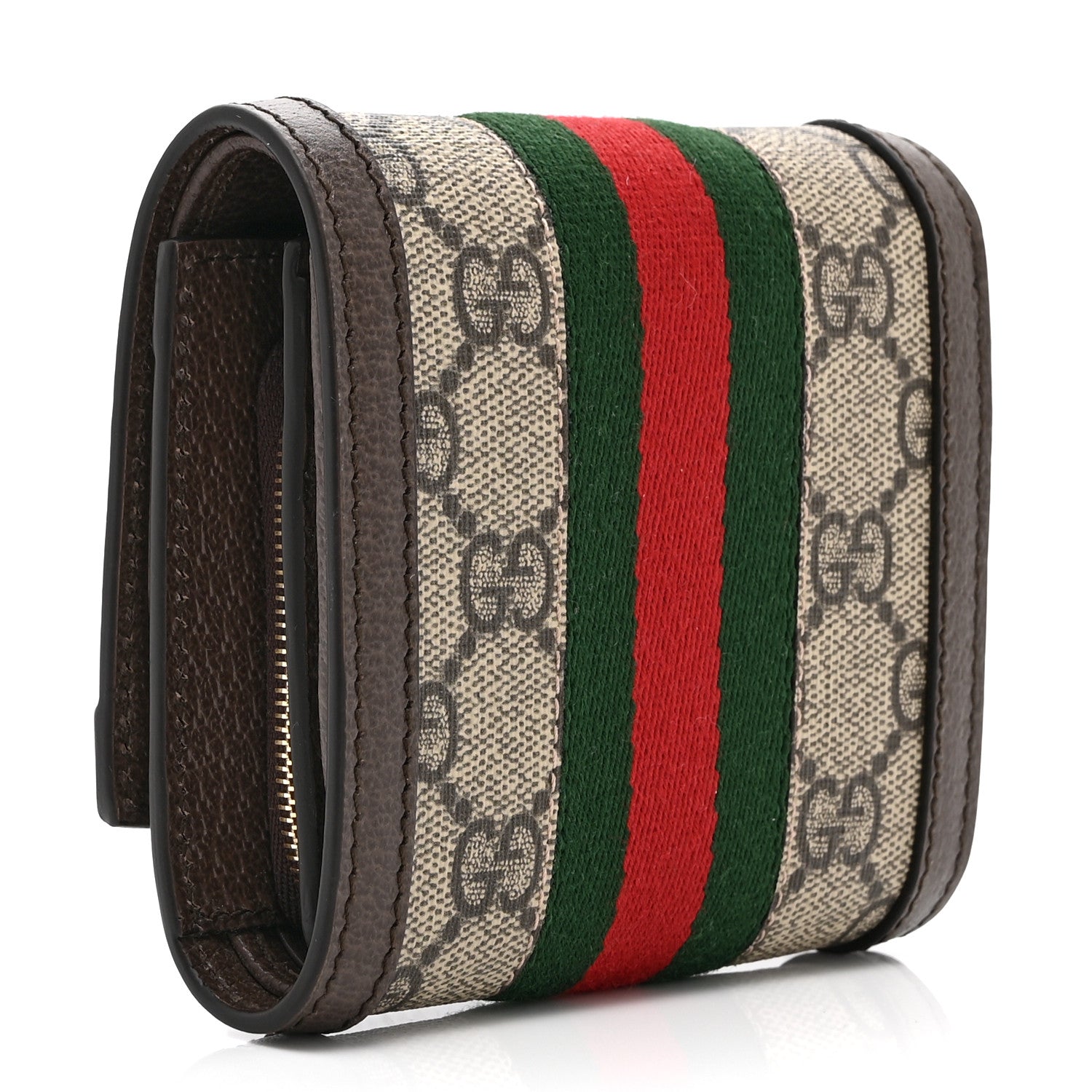 GG Supreme Monogram Textured Calfskin Web Ophidia Card Case Wallet Beige Ebony New Acero