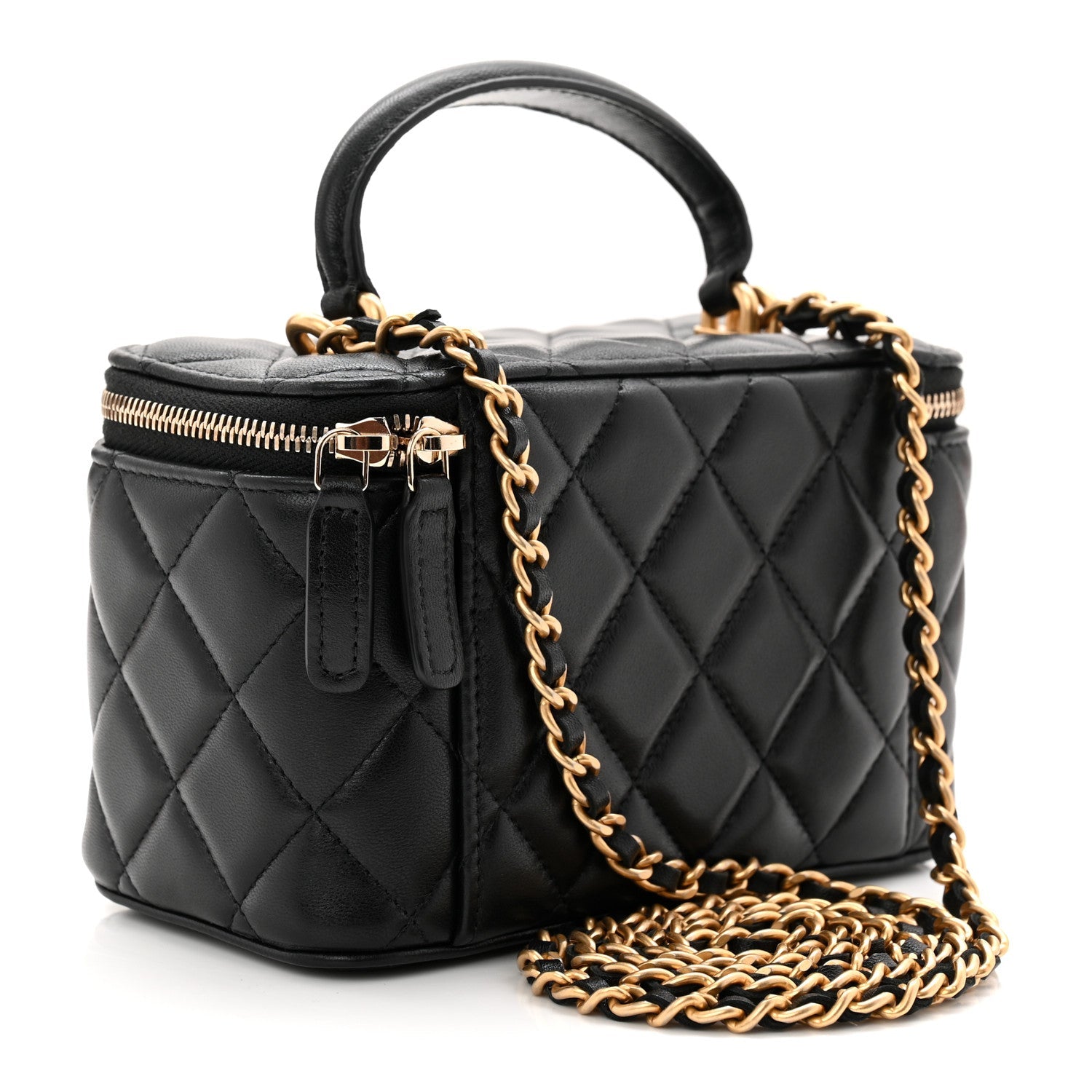 Lambskin Quilted Small Top Handle Vanity Case With Chain Black