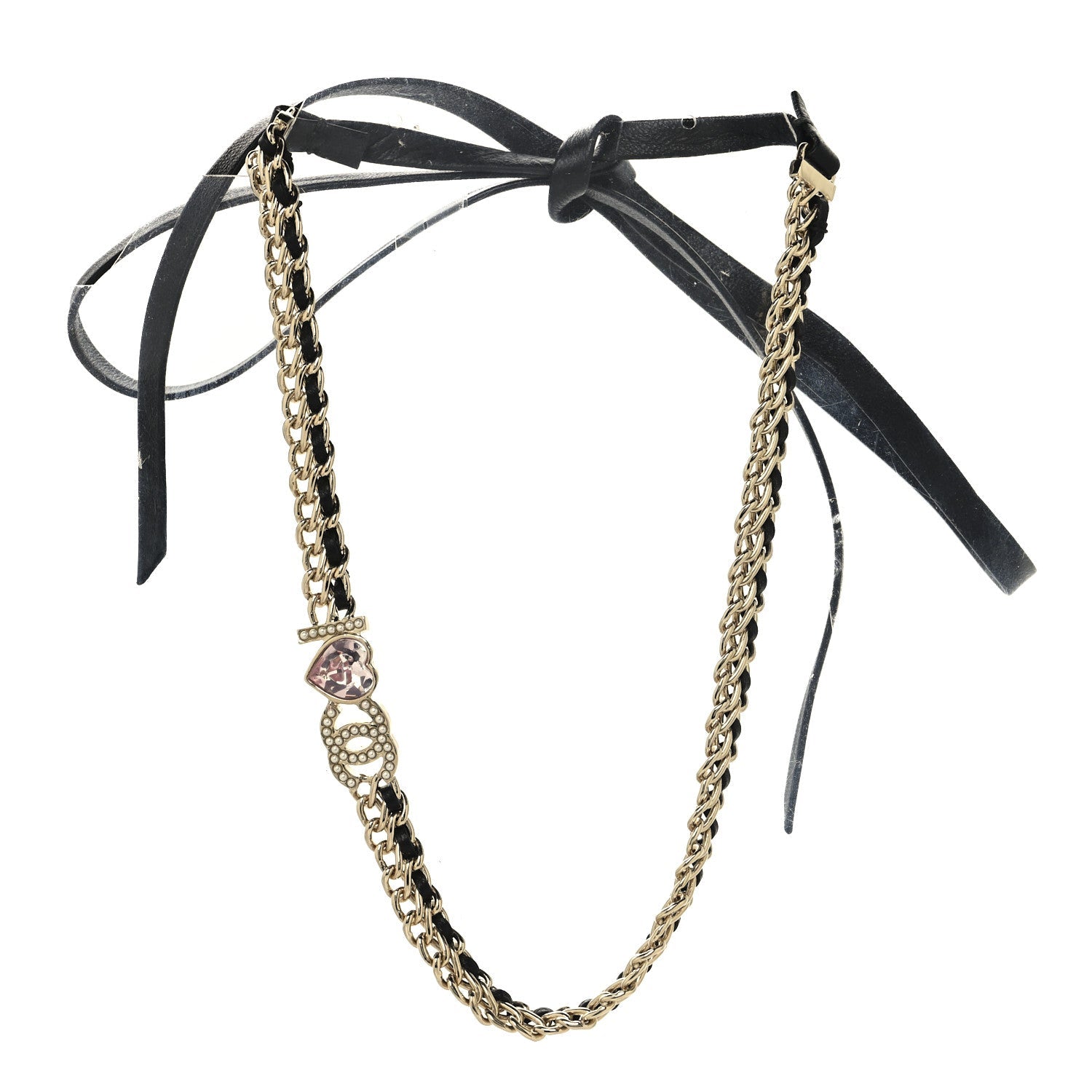 Metal Lambskin Crystal I Heart CC Choker Necklace Gold Black