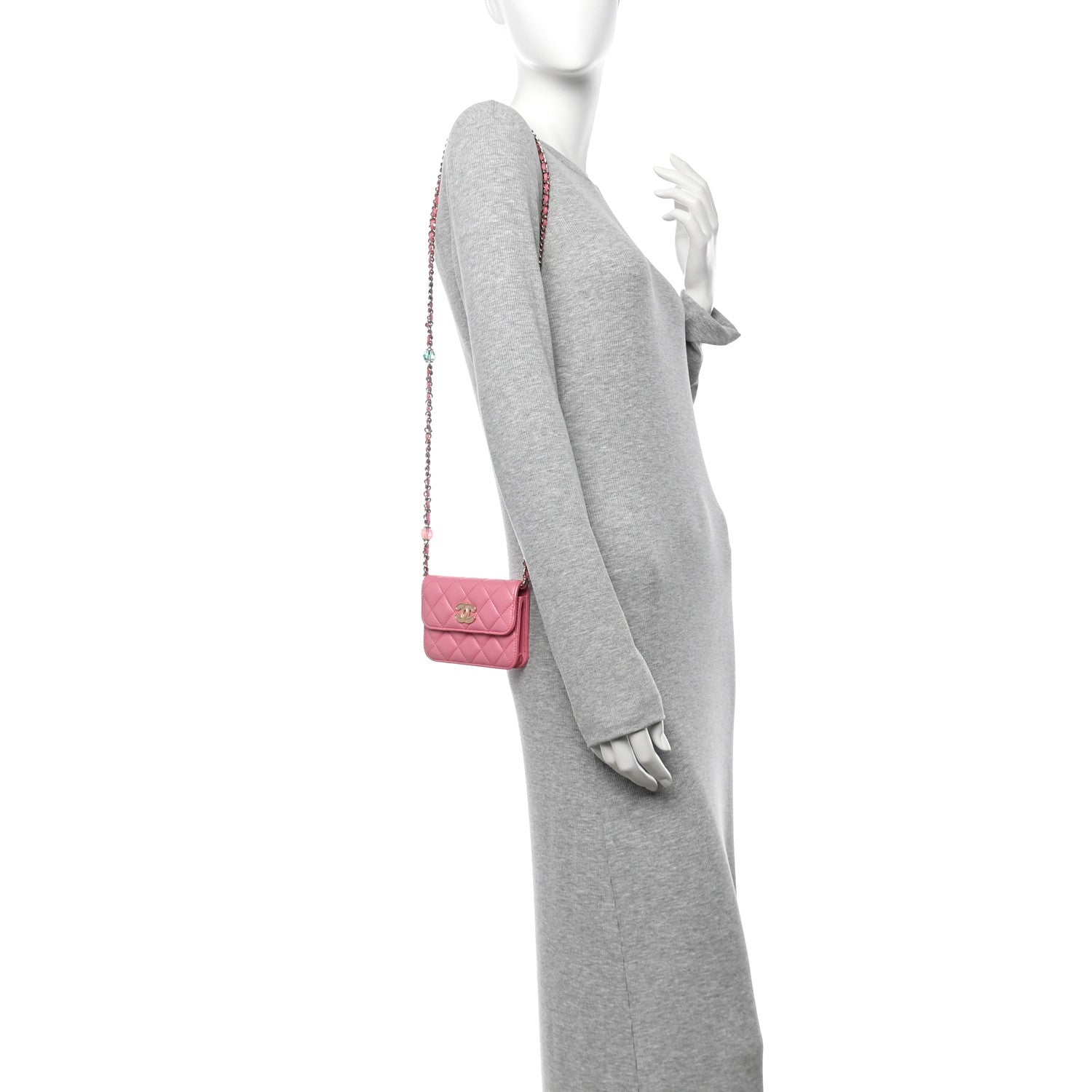 Iridescent Lambskin Quilted Heart Bead Clutch With Chain Pink