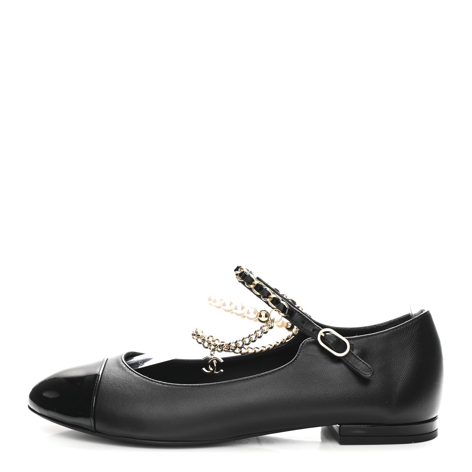 Shiny Lambskin Pearl Cap Toe Ankle Chain Ballerina Flats 37 Black