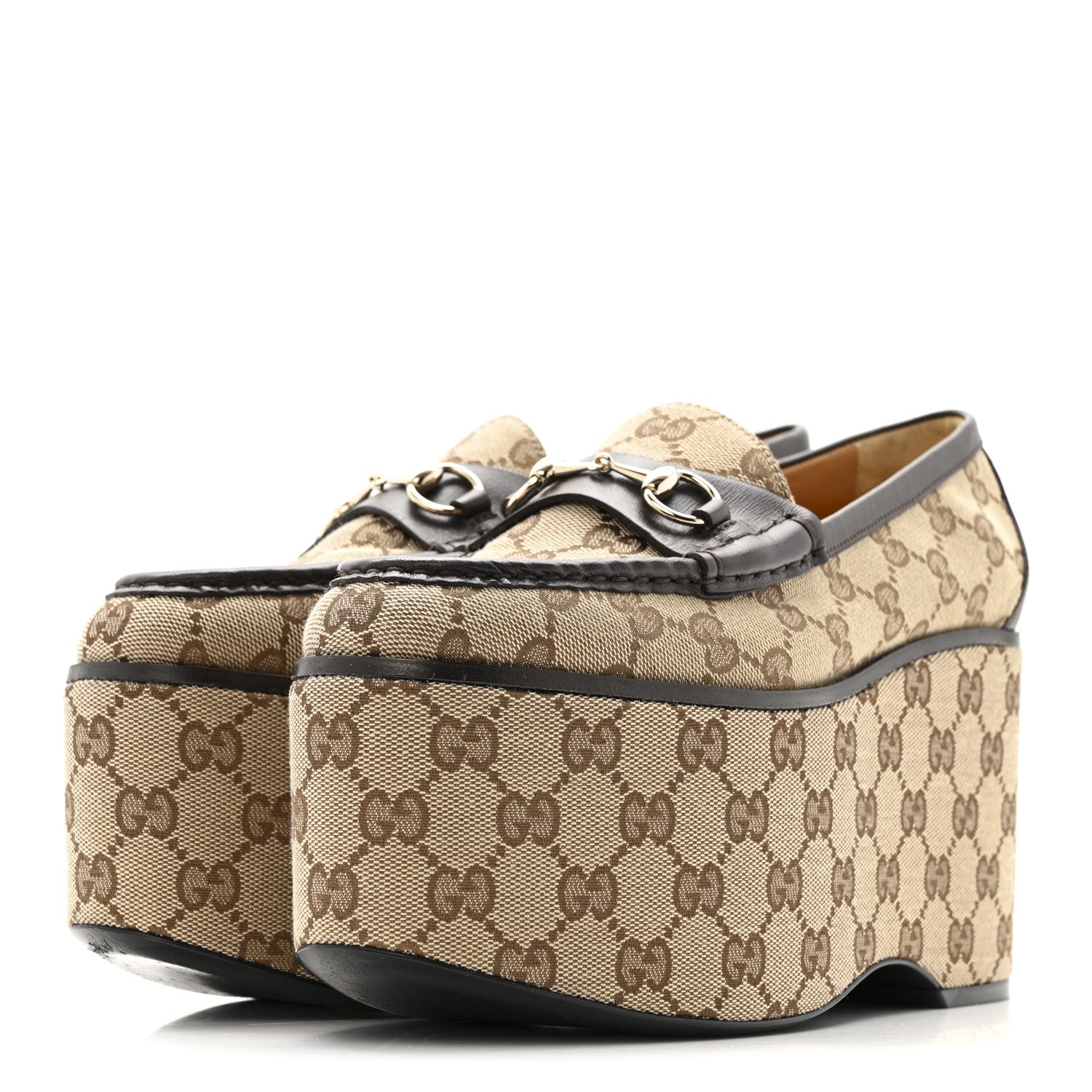 Canvas GG Monogram Horsebit Calfskin Womens Horsebit Platform Loafers 38 Beige Ebony