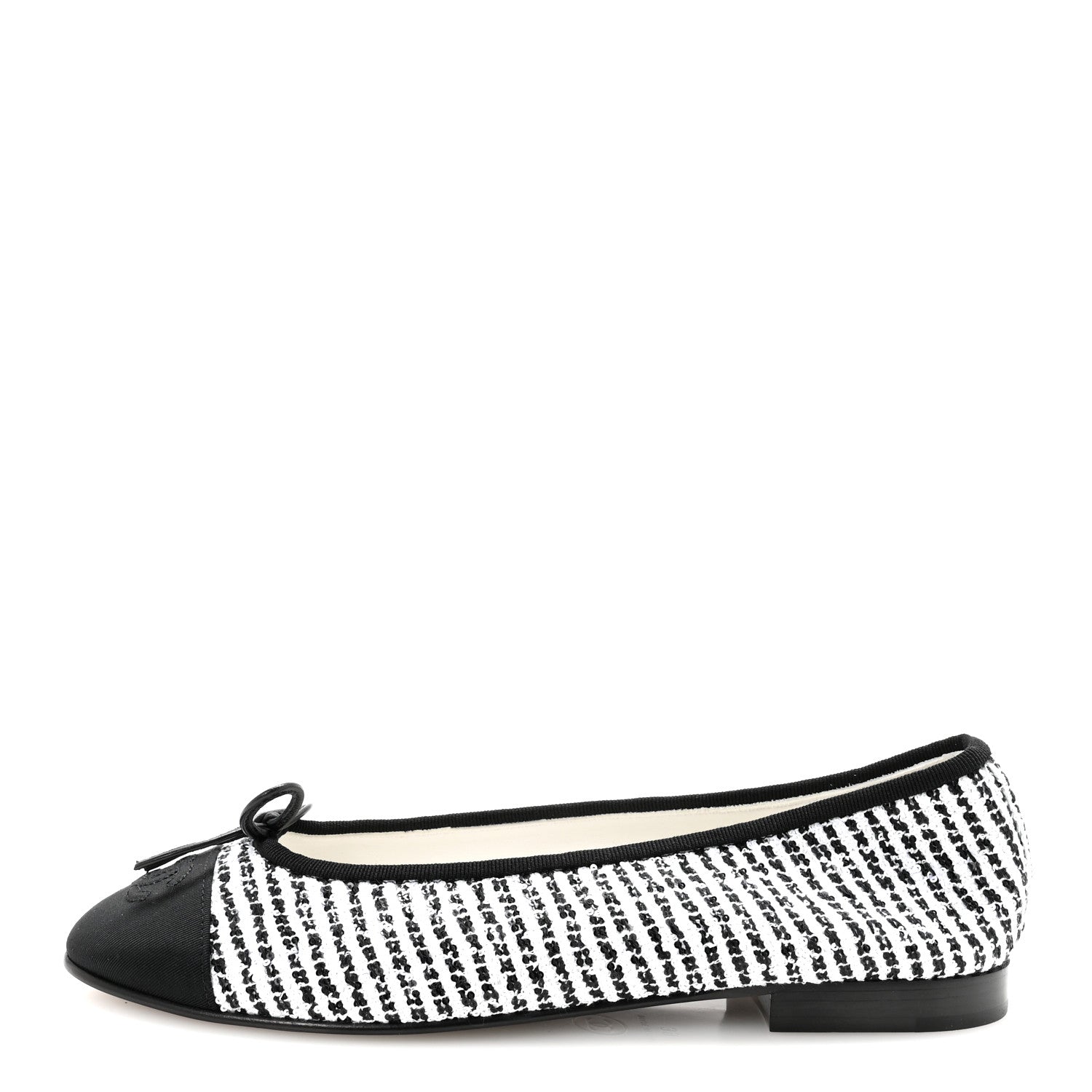 Tweed Sequin Grosgrain Cap Toe Ballerina Flats 39 Black White
