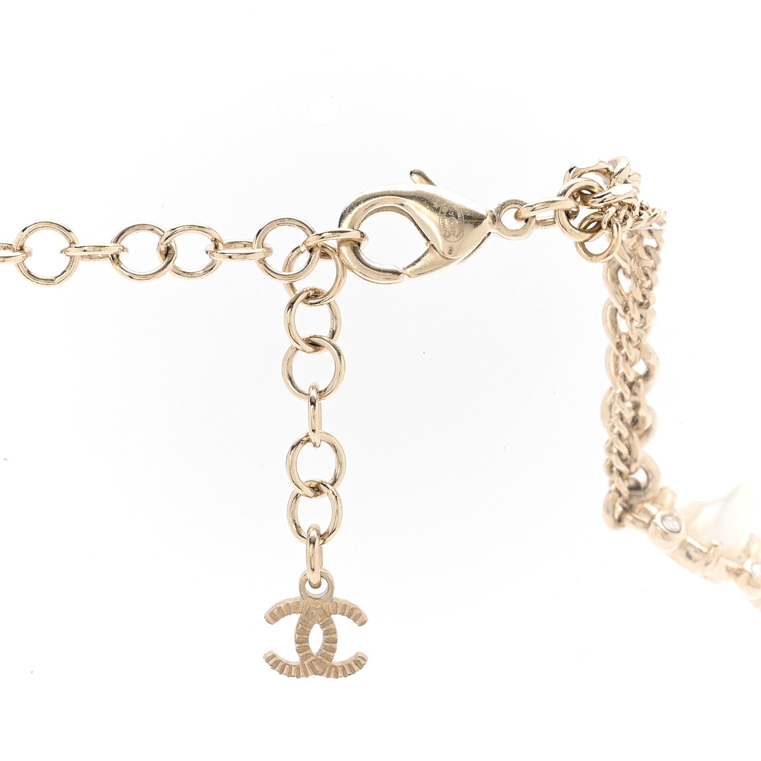 Strass Crystal Studded Pearl CC Choker Necklace Gold Pearly White