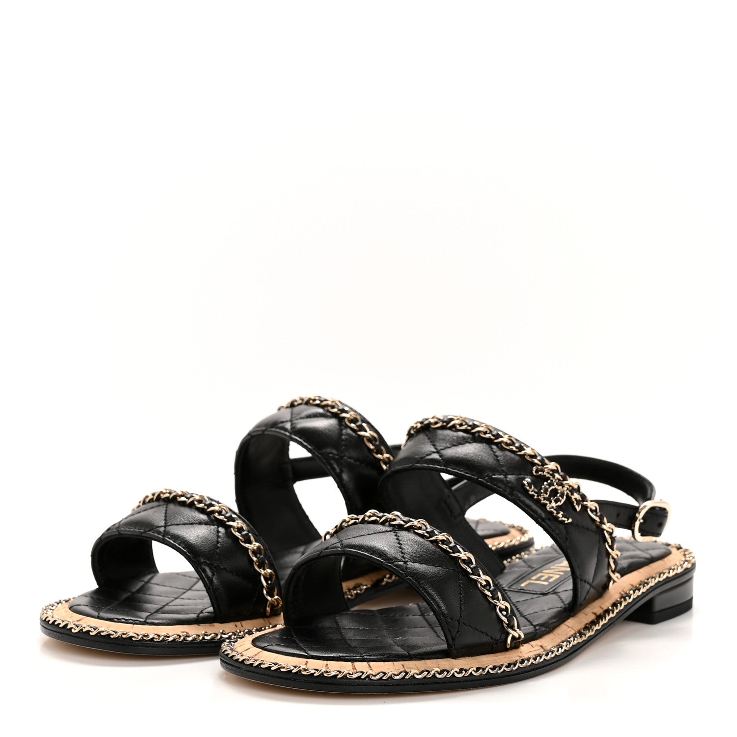 Shiny Lambskin Quilted Chain CC Sandals 36.5 Black