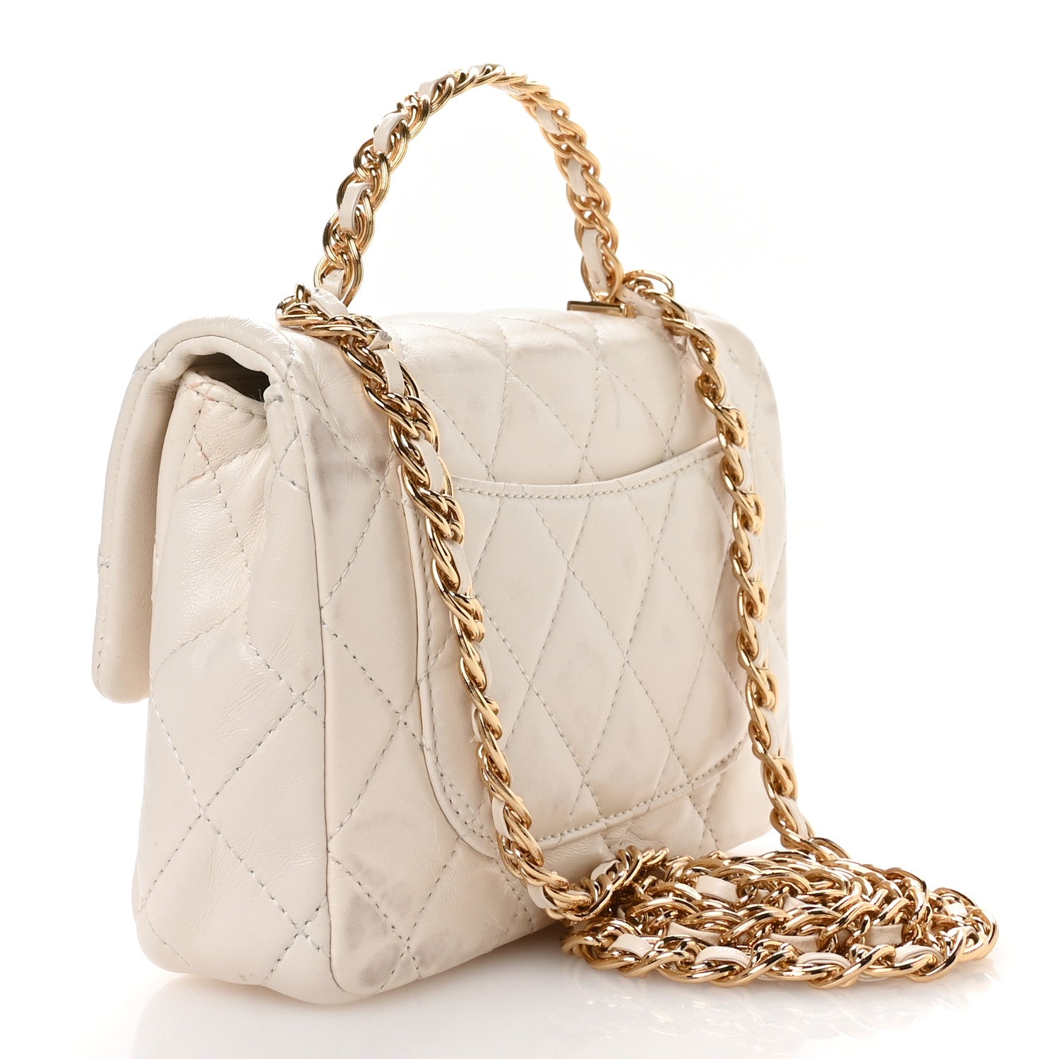 Shiny Lambskin Quilted Golden Links Top Handle Flap White