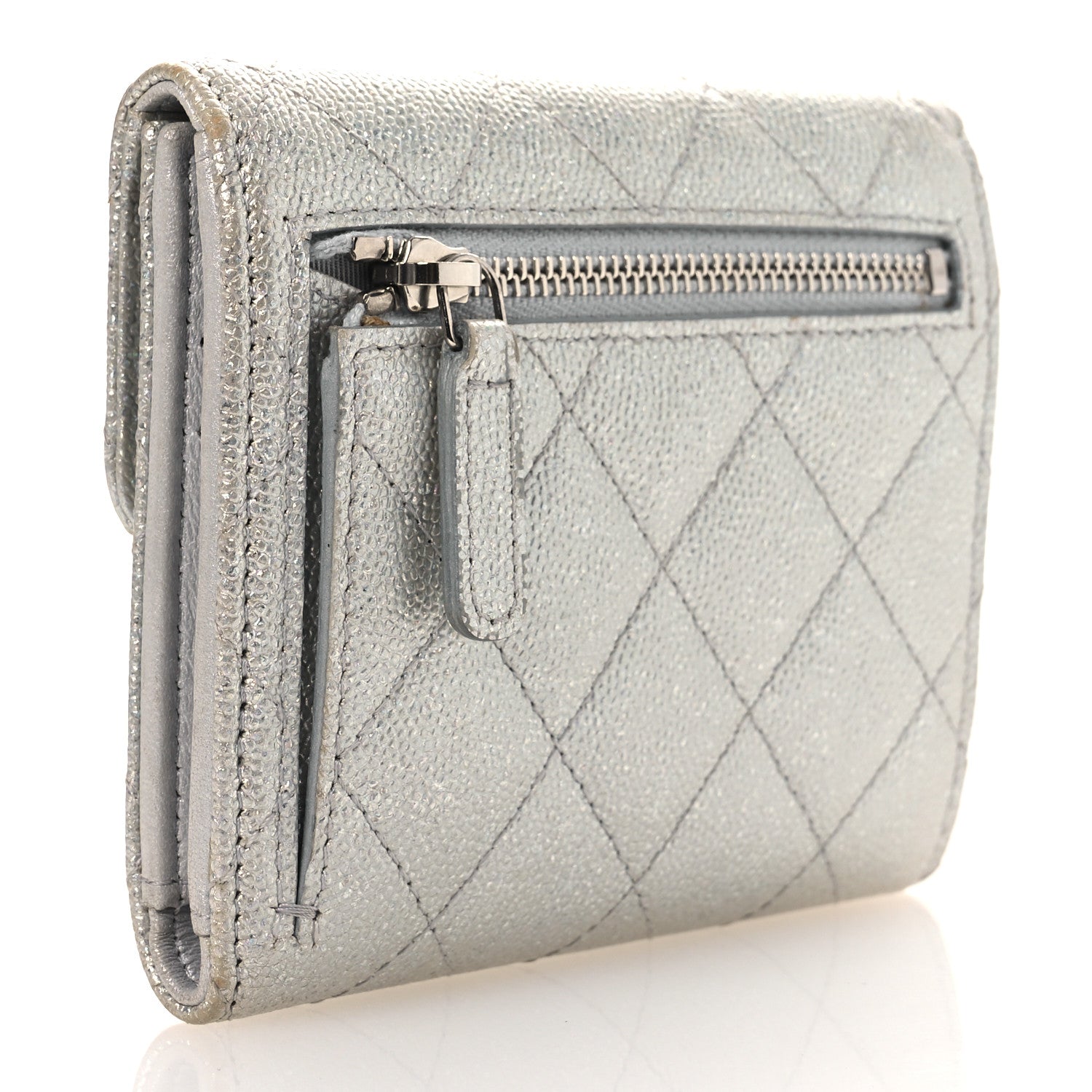 Metallic Caviar Quilted Compact Flap Wallet Silver