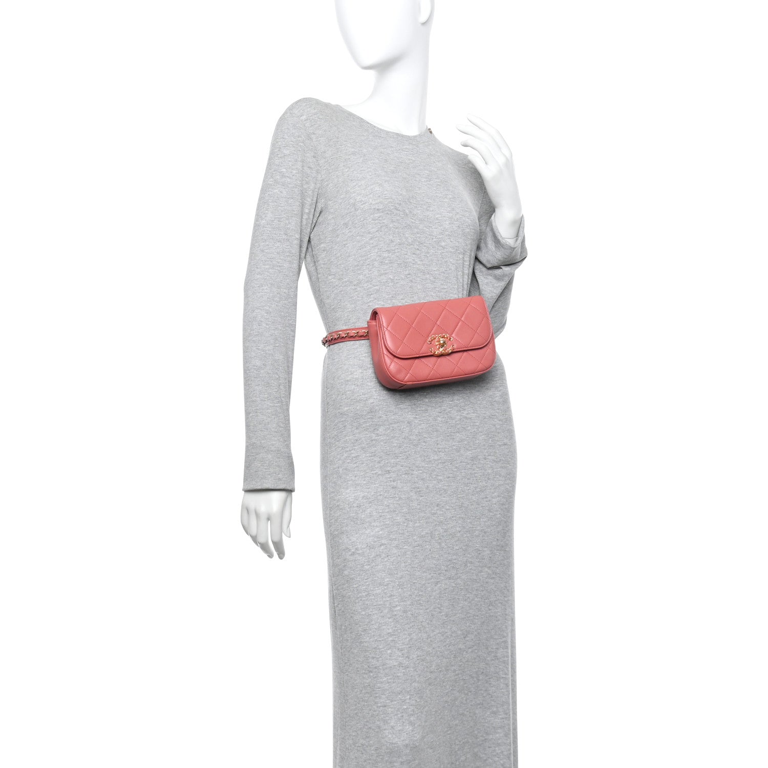 Lambskin Quilted Chain Infinity Waist Belt Bag Pink