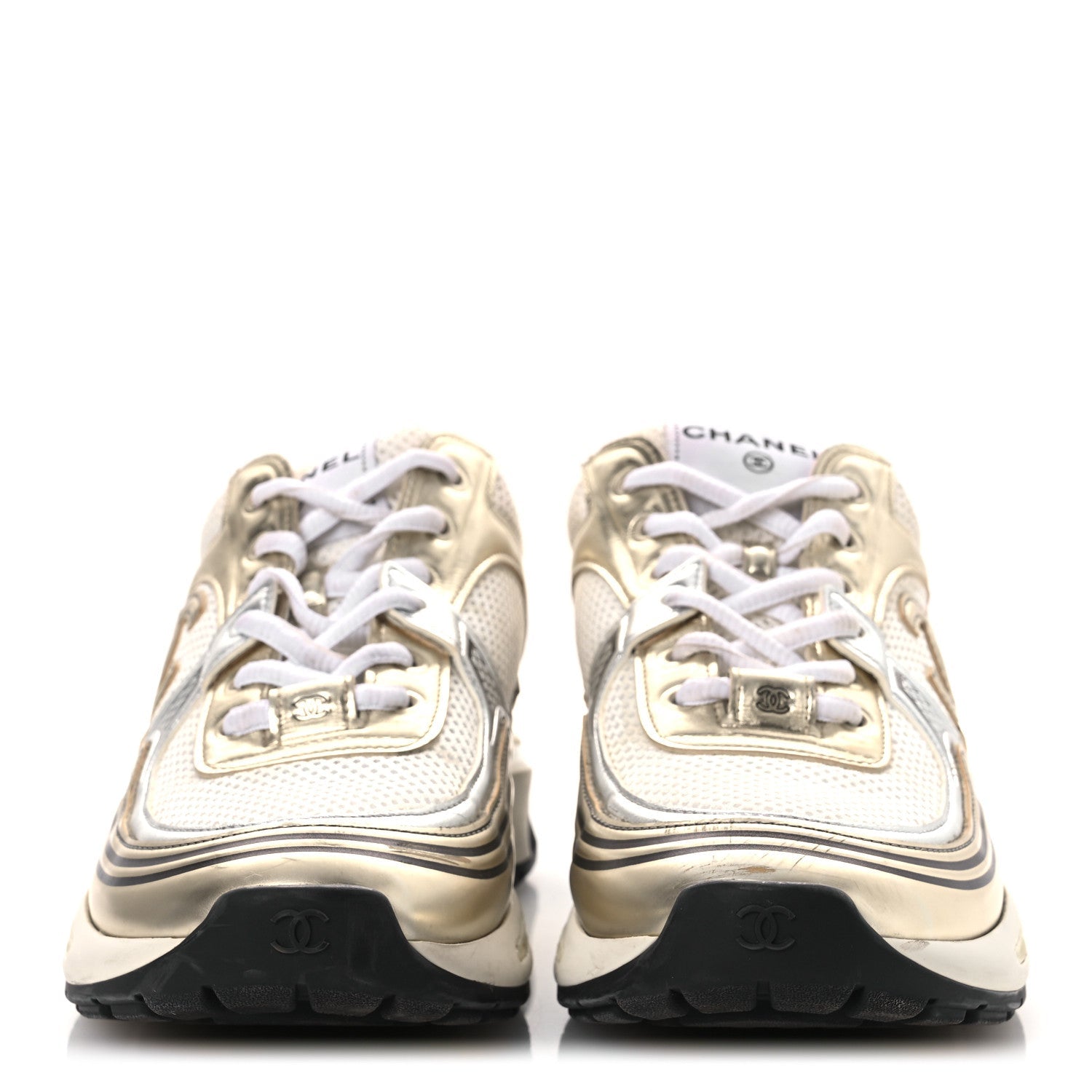 Fabric Laminated Calfskin Stretch CC Womens Sneakers 40 White Gold Silver